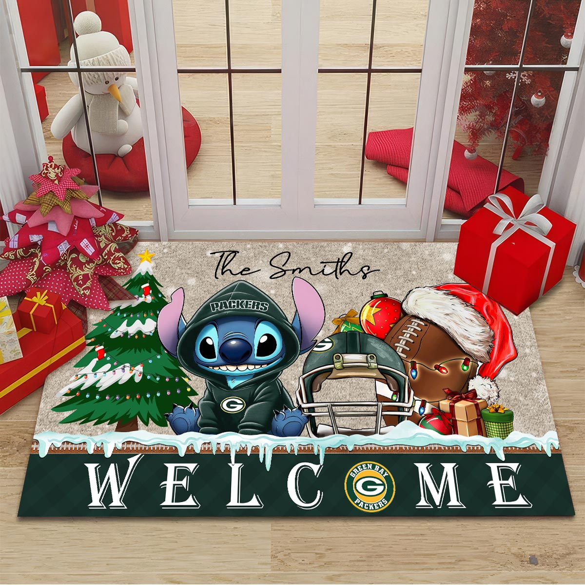 Sportswearmerch Green Bay Packers NFL x Cute Stitch Christmas Doormat For Fan