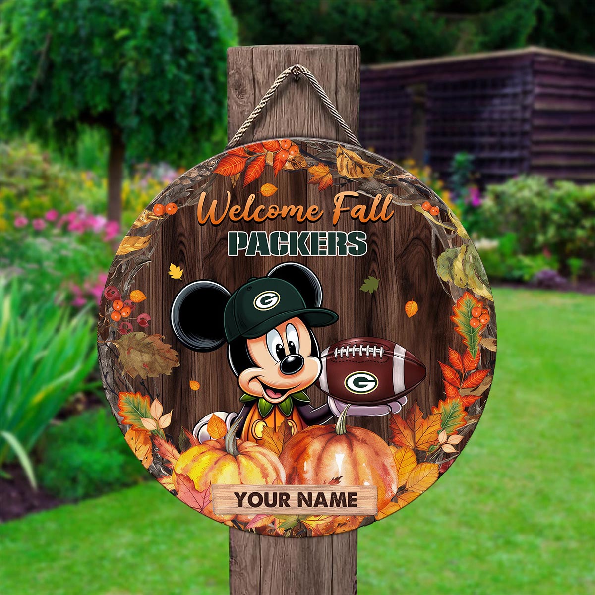 Sportswearmerch Green Bay Packers NFL x Mickey Round Wooden Sign For Fan