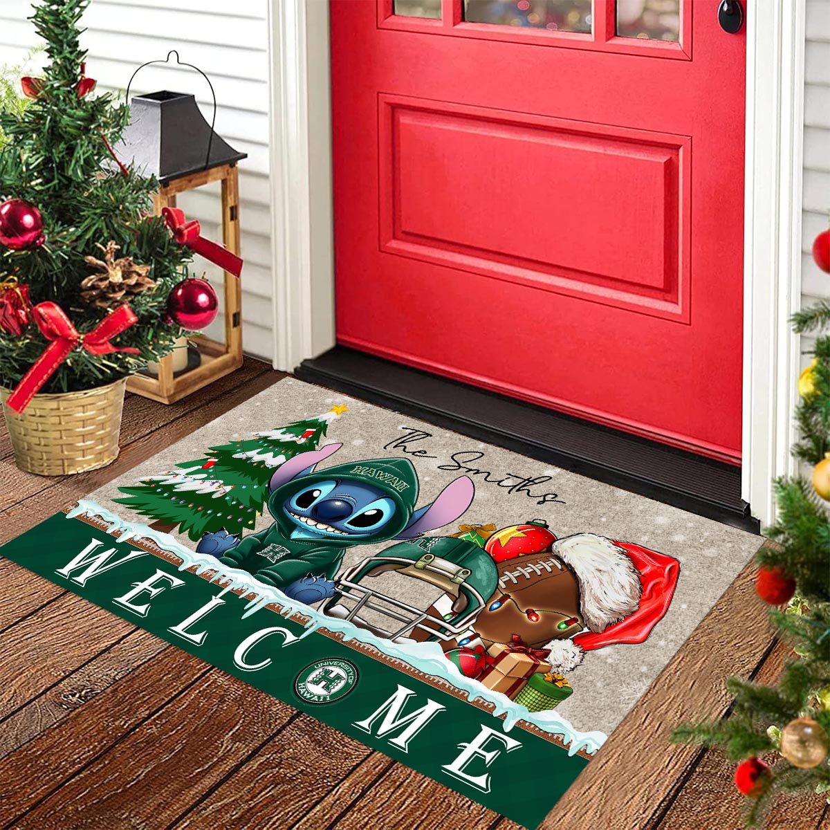Sportswearmerch Hawai'i Rainbow Warriors NCAA x Cute Stitch Christmas Doormat For Fan