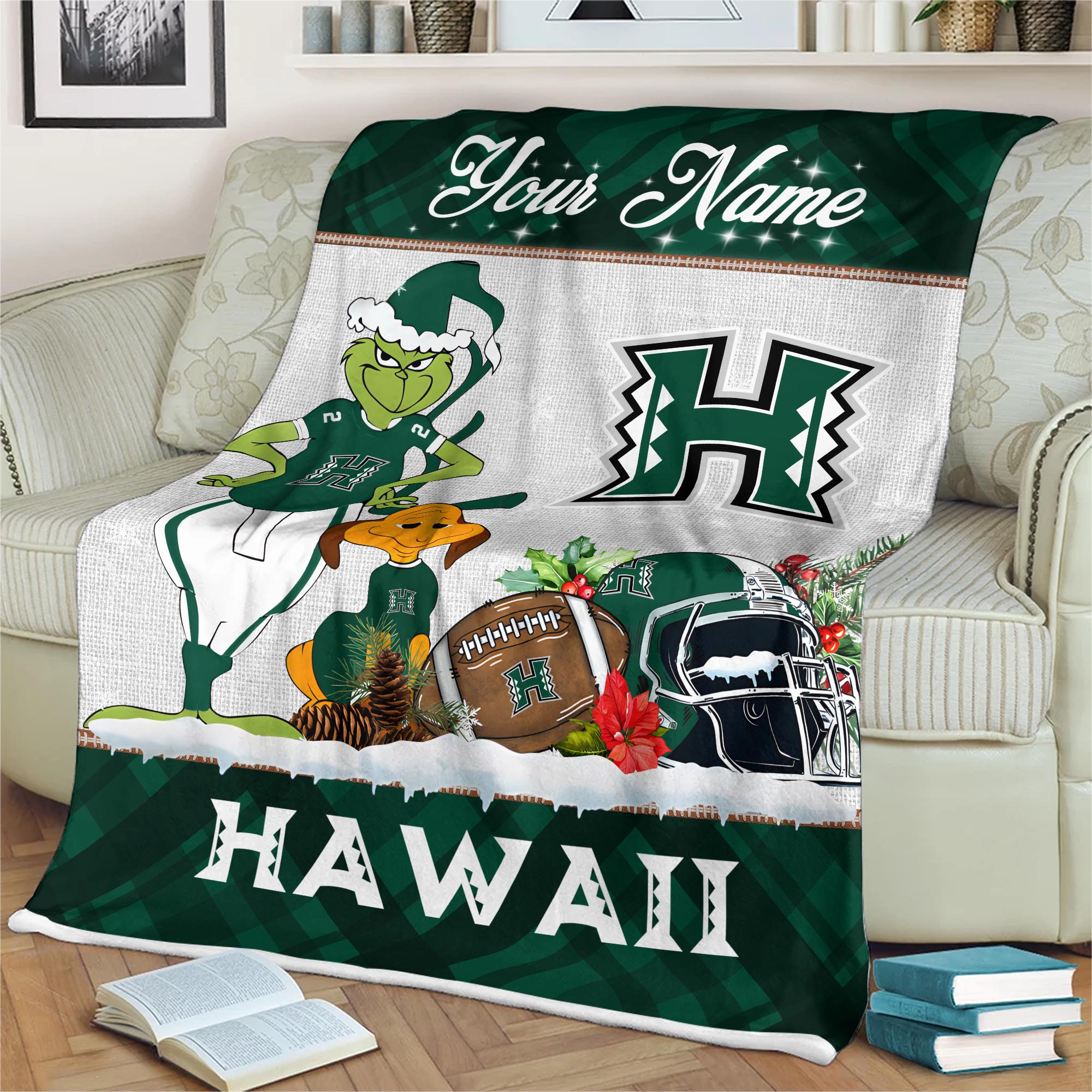 Sportswearmerch Hawai'i Rainbow Warriors NCAA x Grinch Christmas Fleece Blanket For Fan