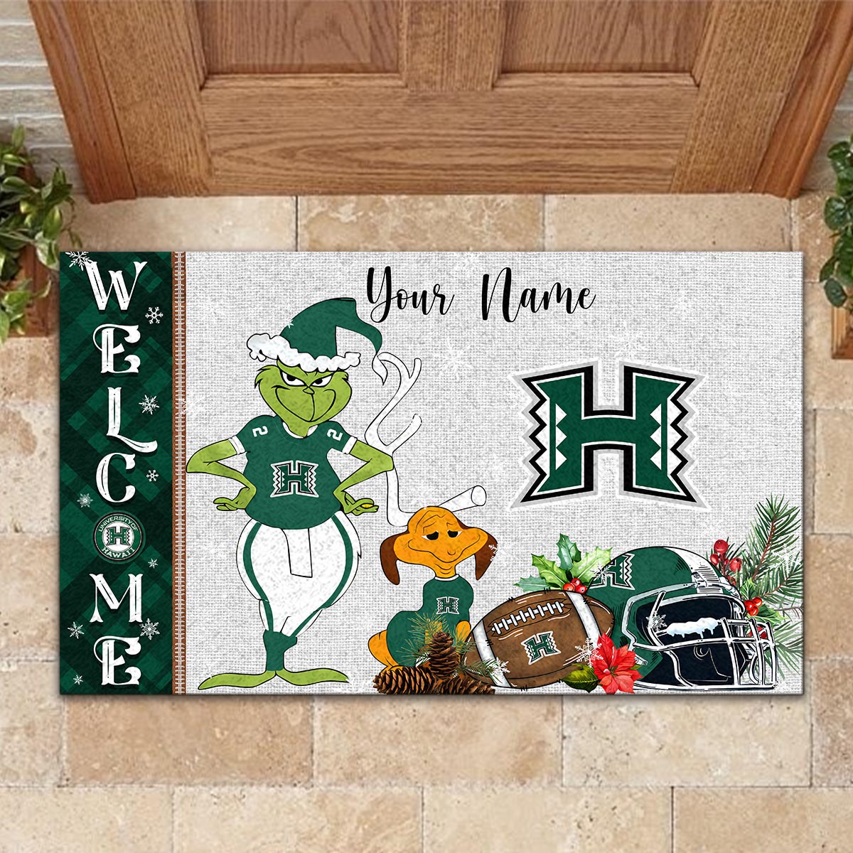 Sportswearmerch Hawai'i Rainbow Warriors NCAA x Grinch Christmas Welcome Football Doormat For Fan