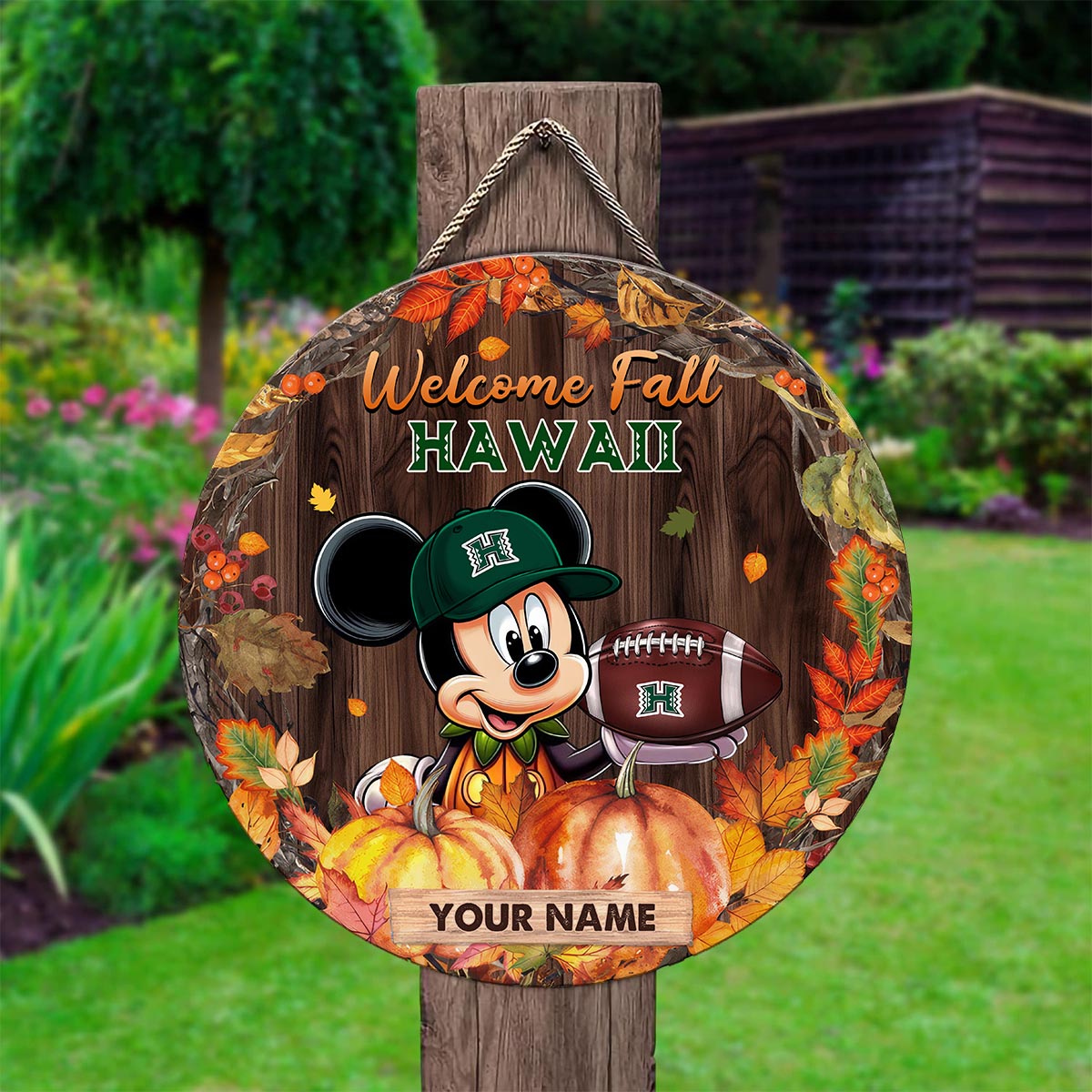 Sportswearmerch Hawai'i Rainbow Warriors NCAA x Mickey Round Wooden Sign For Fan