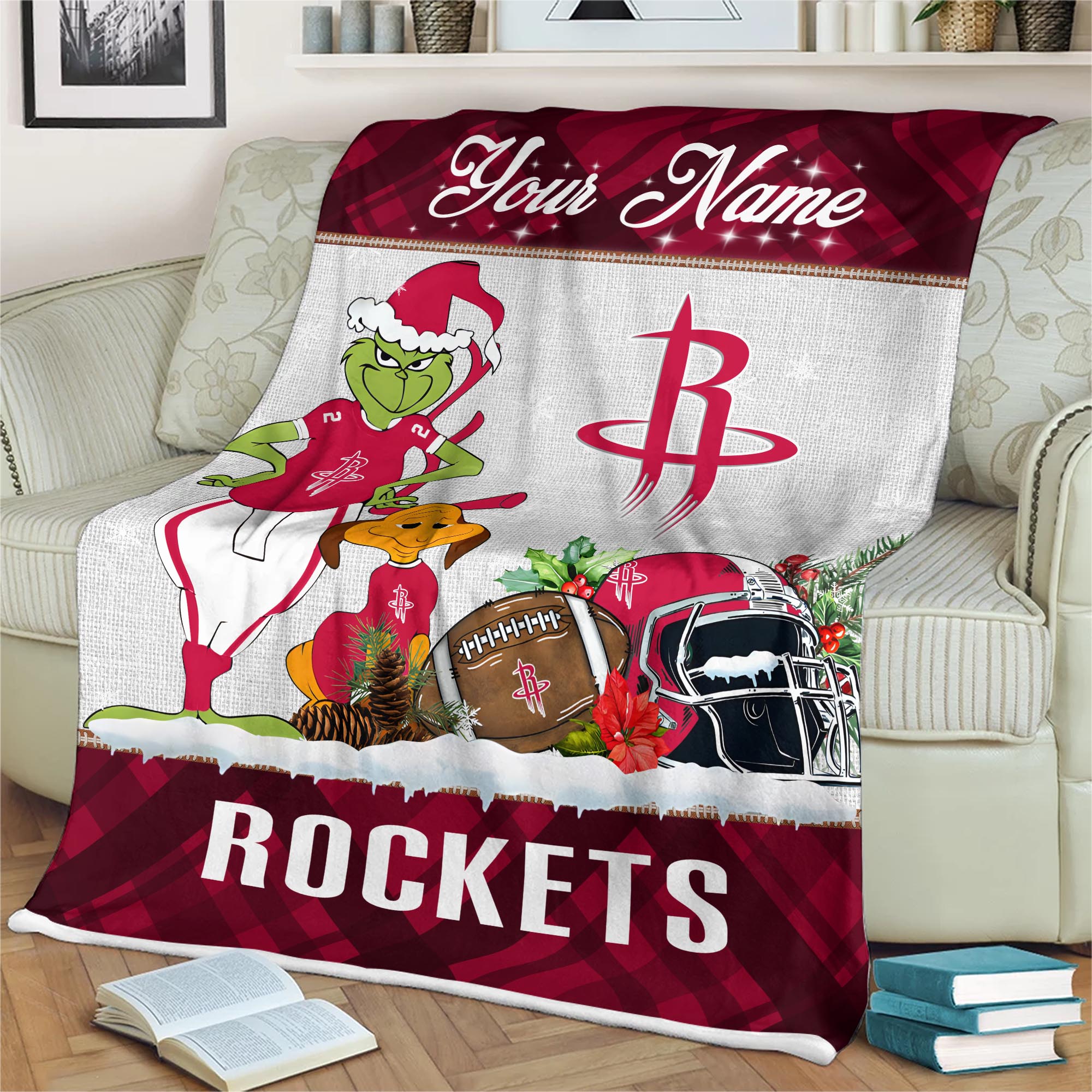 Sportswearmerch Houston Rockets NBA x Grinch Christmas Fleece Blanket For Fan
