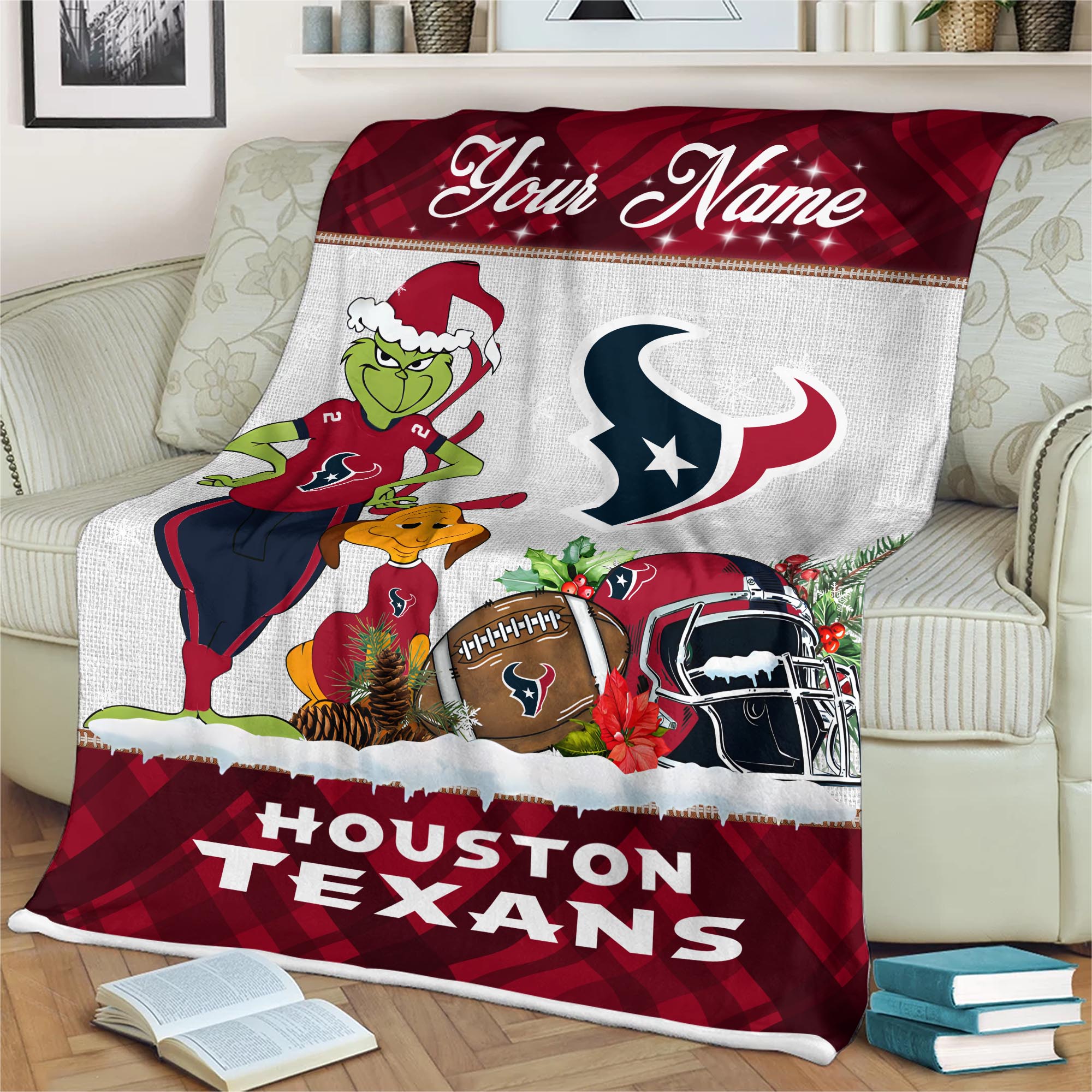 Sportswearmerch Houston Texans NFL x Grinch Christmas Fleece Blanket For Fan