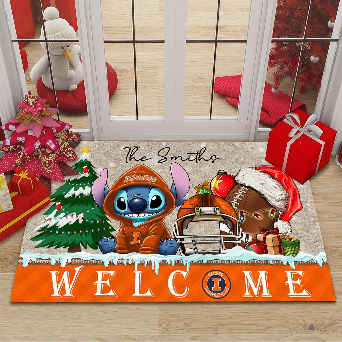Sportswearmerch Illinois Fighting Illini NCAA x Cute Stitch Christmas Doormat For Fan