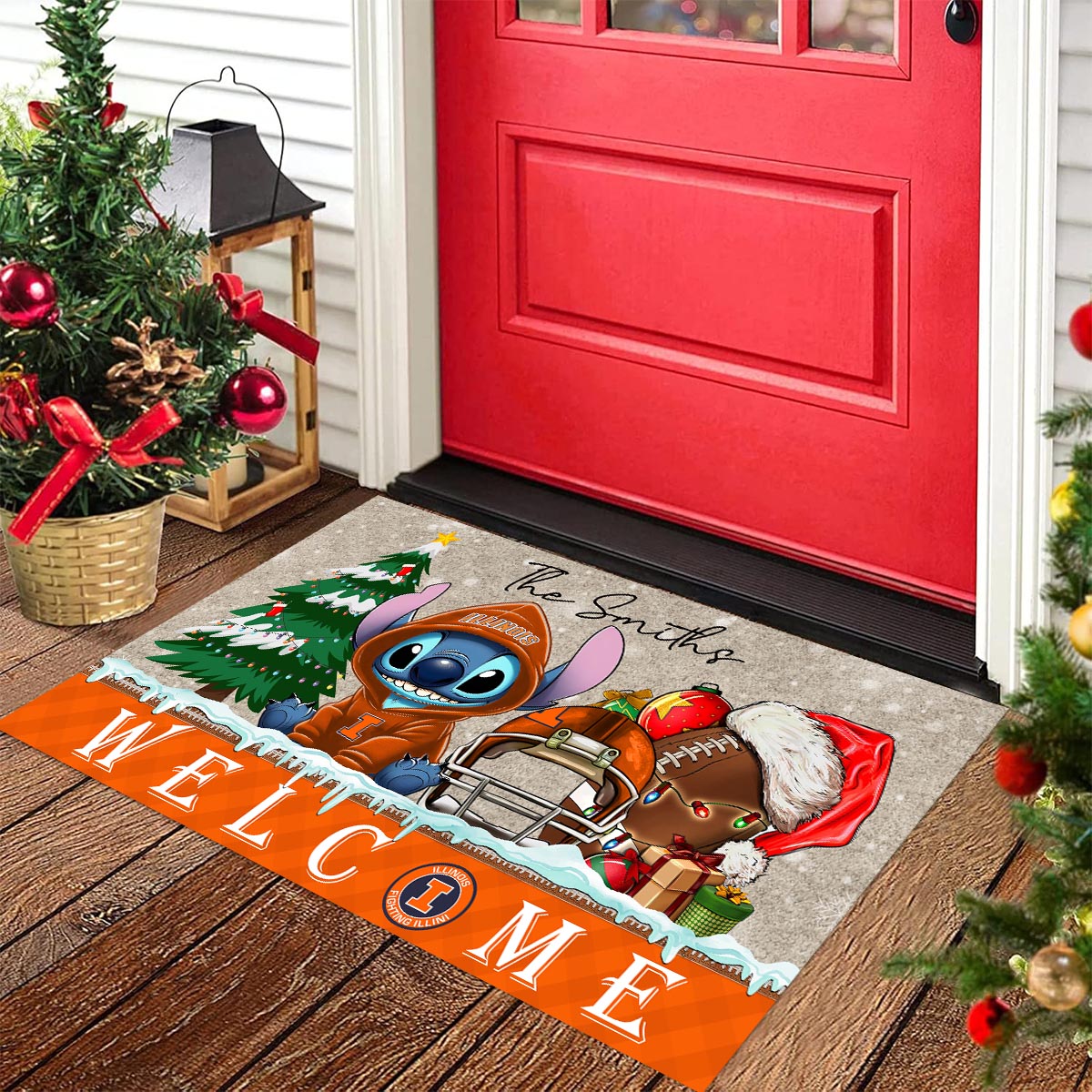 Sportswearmerch Illinois Fighting Illini NCAA x Cute Stitch Christmas Doormat For Fan