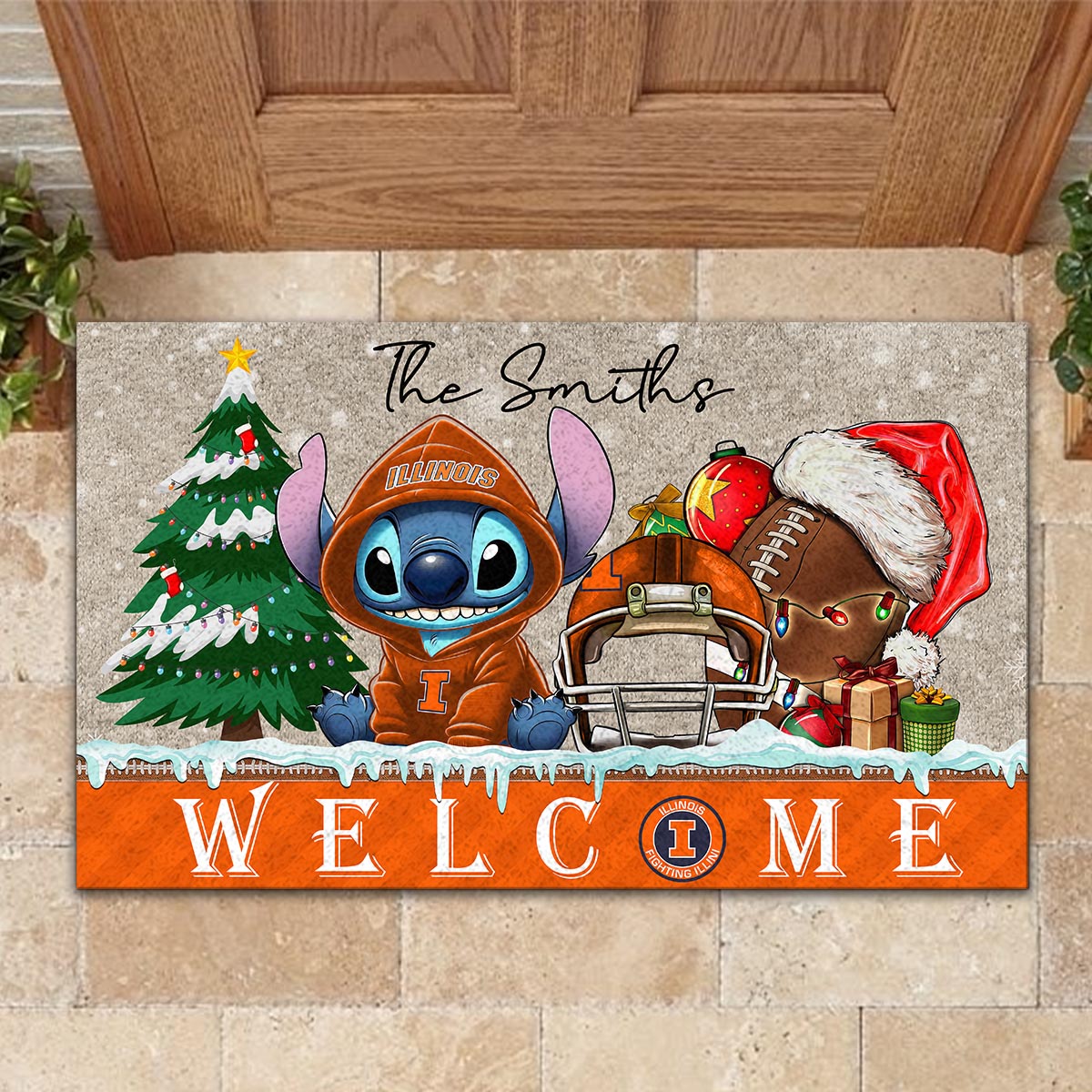 Sportswearmerch Illinois Fighting Illini NCAA x Cute Stitch Christmas Doormat For Fan