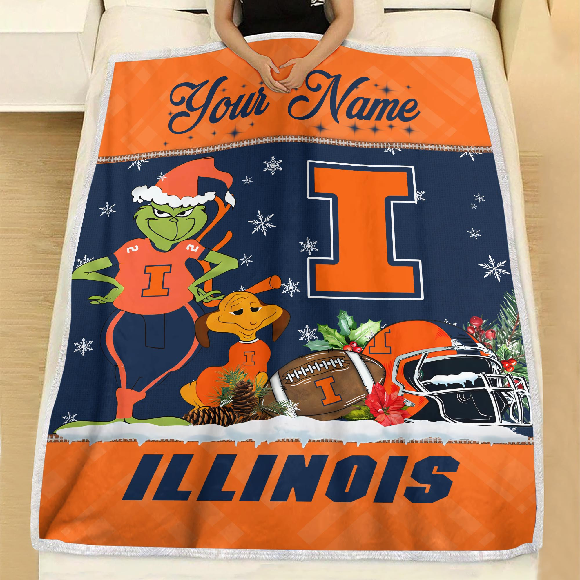 Sportswearmerch Illinois Fighting Illini NCAA x Grinch Christmas Fleece Blanket For Fan