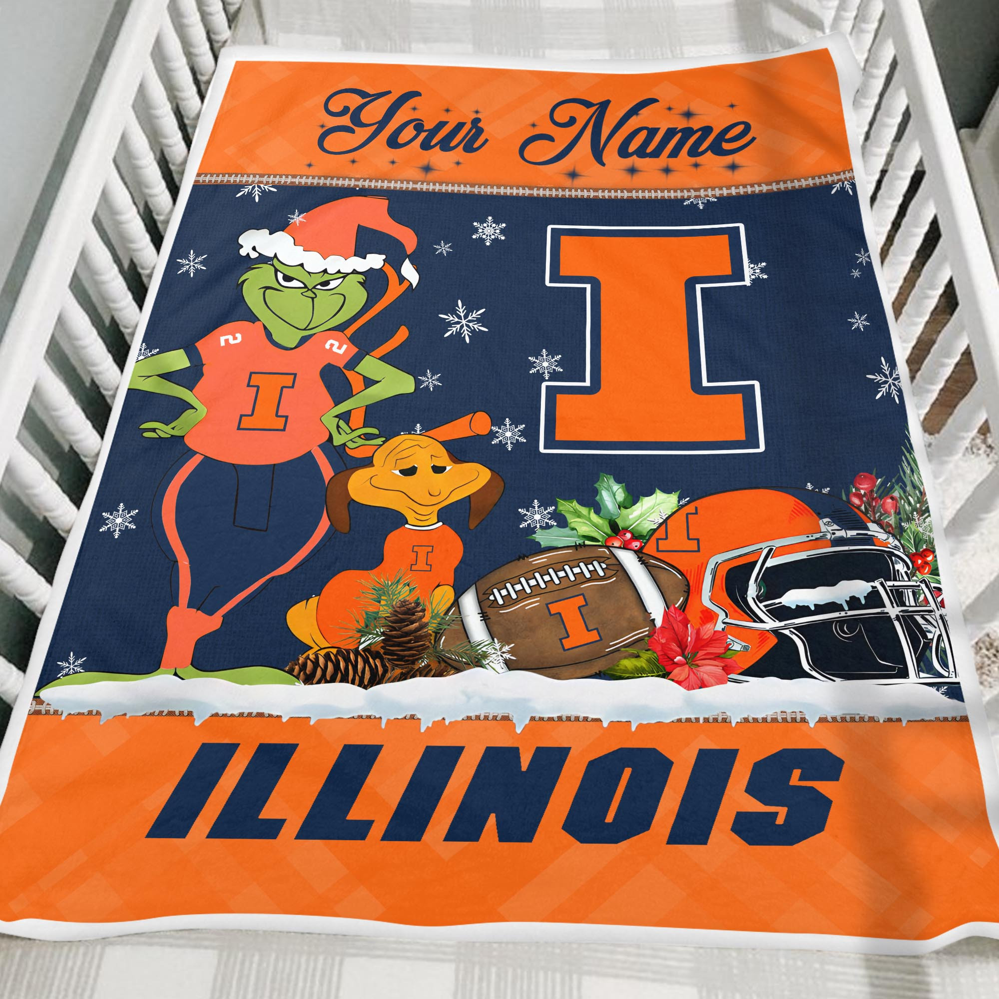 Sportswearmerch Illinois Fighting Illini NCAA x Grinch Christmas Fleece Blanket For Fan