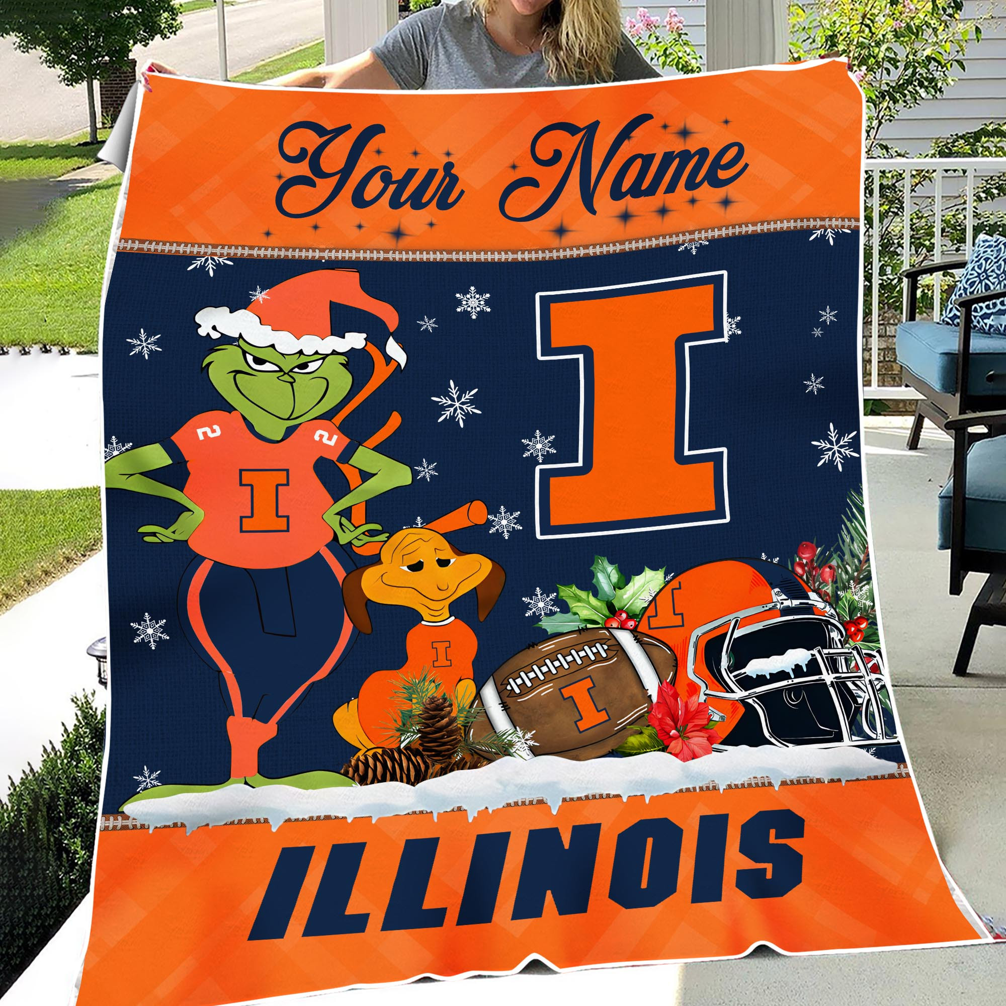 Sportswearmerch Illinois Fighting Illini NCAA x Grinch Christmas Fleece Blanket For Fan