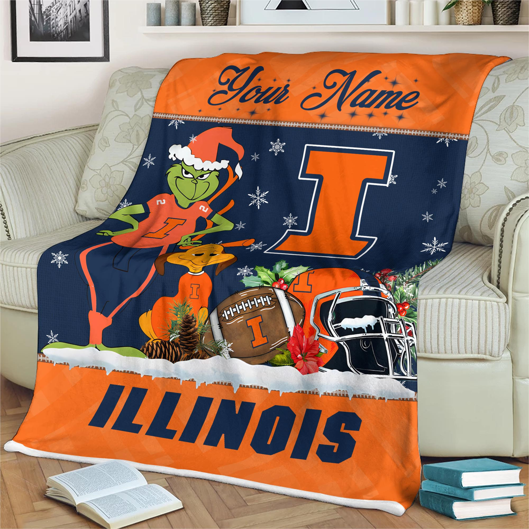 Sportswearmerch Illinois Fighting Illini NCAA x Grinch Christmas Fleece Blanket For Fan