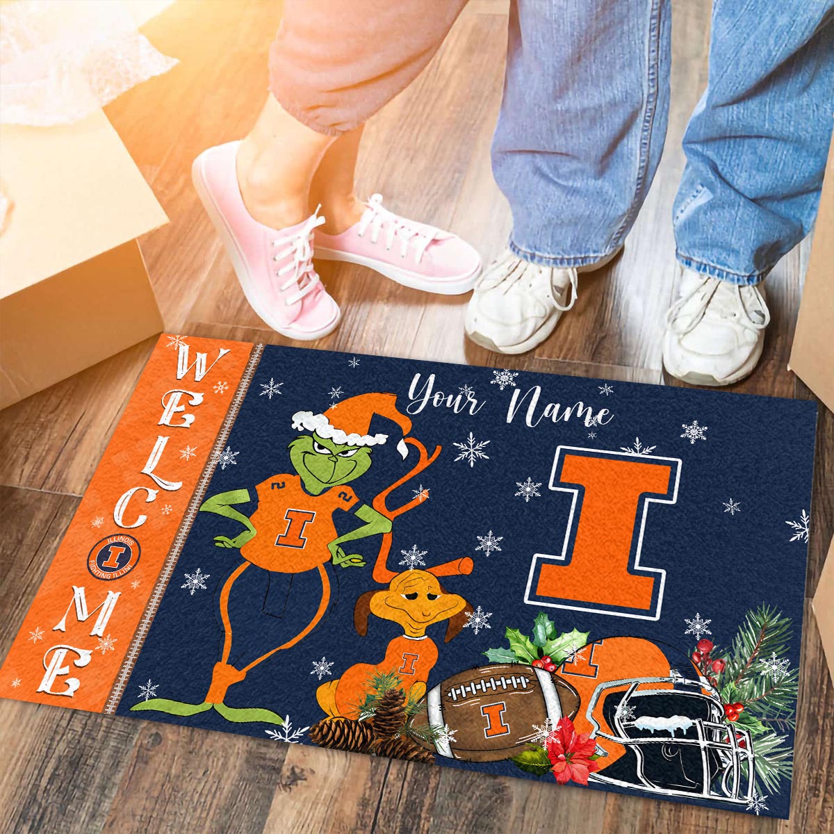Sportswearmerch Illinois Fighting Illini NCAA x Grinch Christmas Welcome Football Doormat For Fan