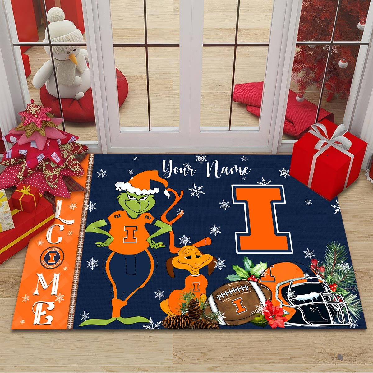 Sportswearmerch Illinois Fighting Illini NCAA x Grinch Christmas Welcome Football Doormat For Fan