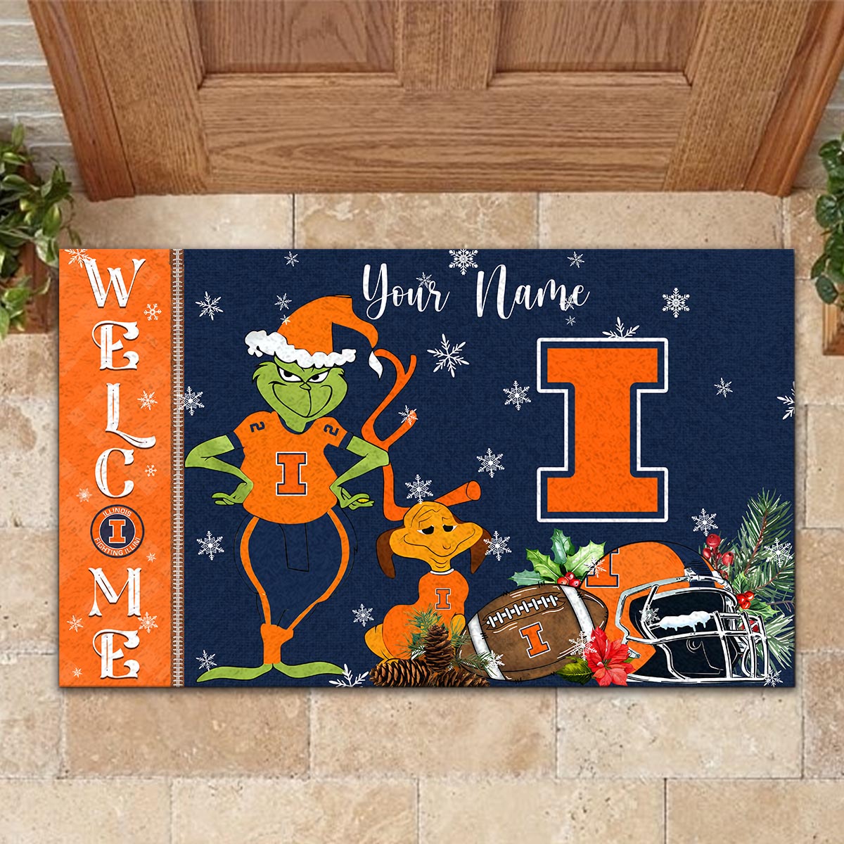 Sportswearmerch Illinois Fighting Illini NCAA x Grinch Christmas Welcome Football Doormat For Fan
