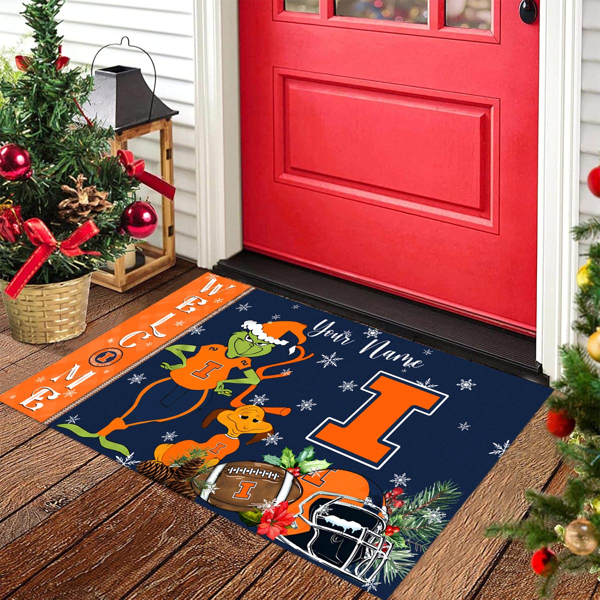 Sportswearmerch Illinois Fighting Illini NCAA x Grinch Christmas Welcome Football Doormat For Fan