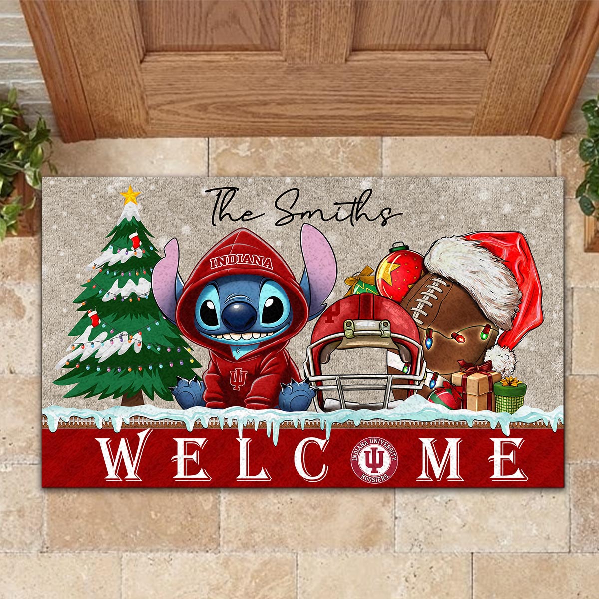Sportswearmerch Indiana Hoosiers NCAA x Cute Stitch Christmas Doormat For Fan