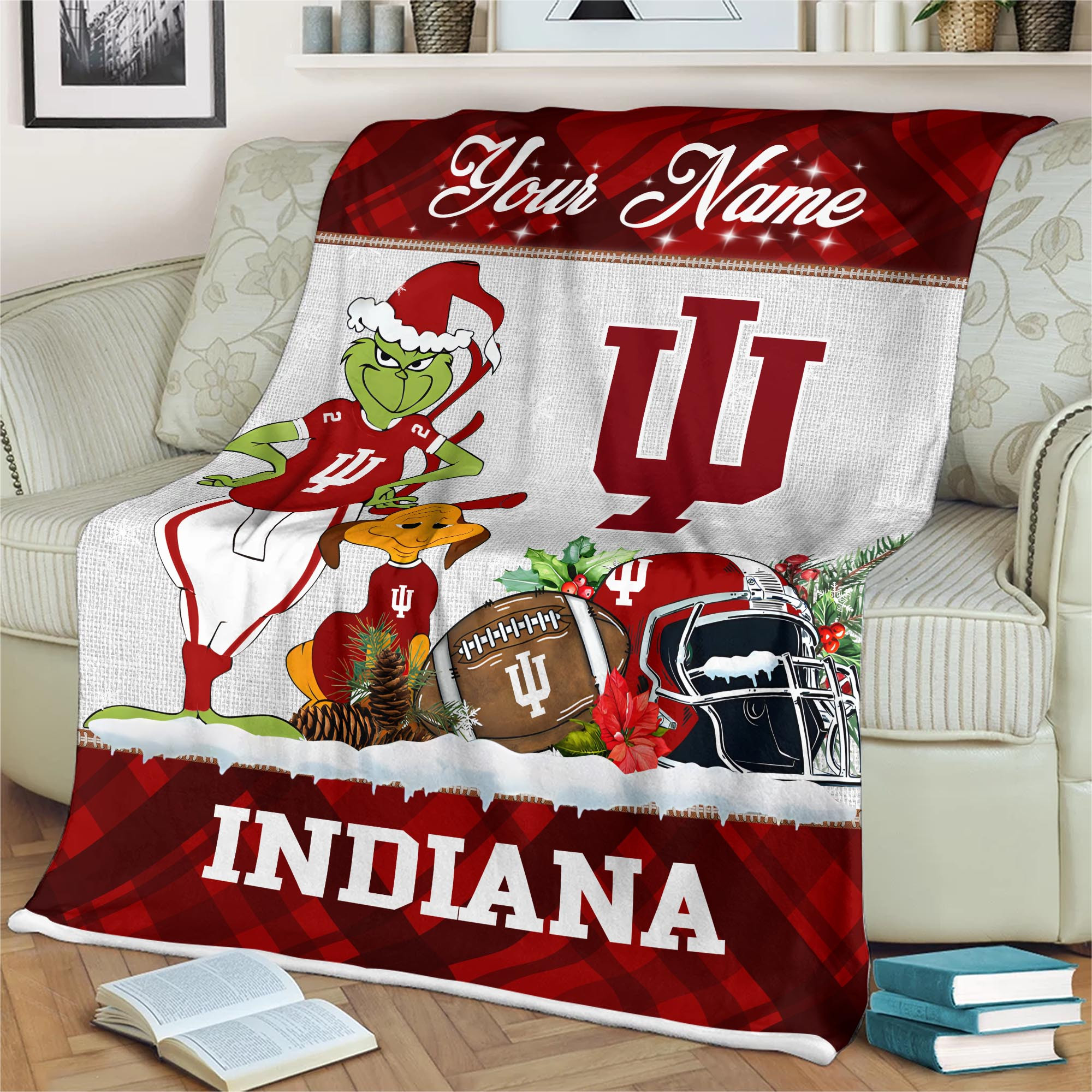 Sportswearmerch Indiana Hoosiers NCAA x Grinch Christmas Fleece Blanket For Fan