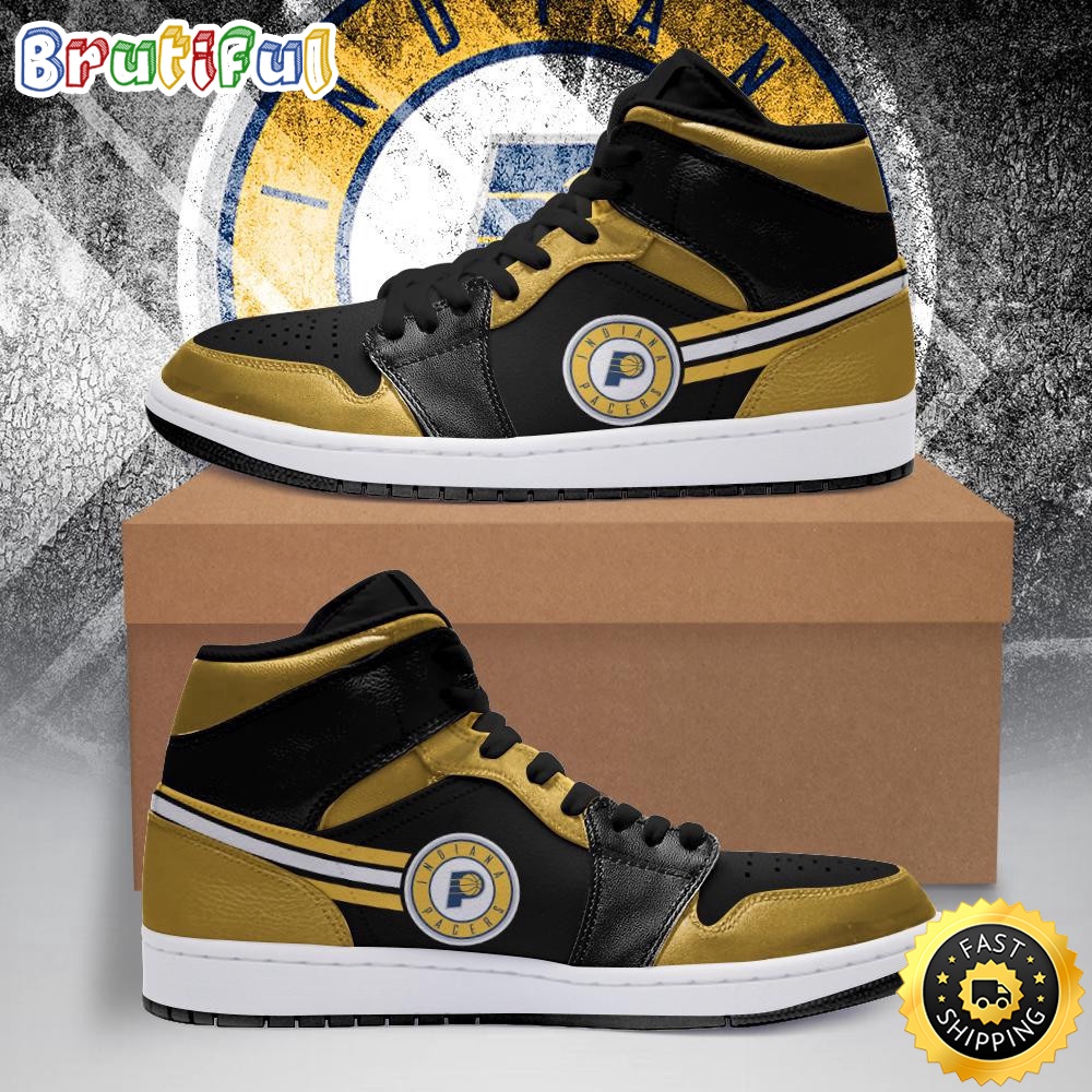 Sportswearmerch Indiana Pacers NBA Gold Black AJ1 High Sneakers Shoes For Men And Women