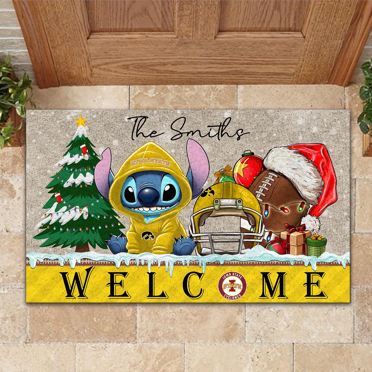 Sportswearmerch Iowa State Cyclones NCAA x Cute Stitch Christmas Doormat For Fan