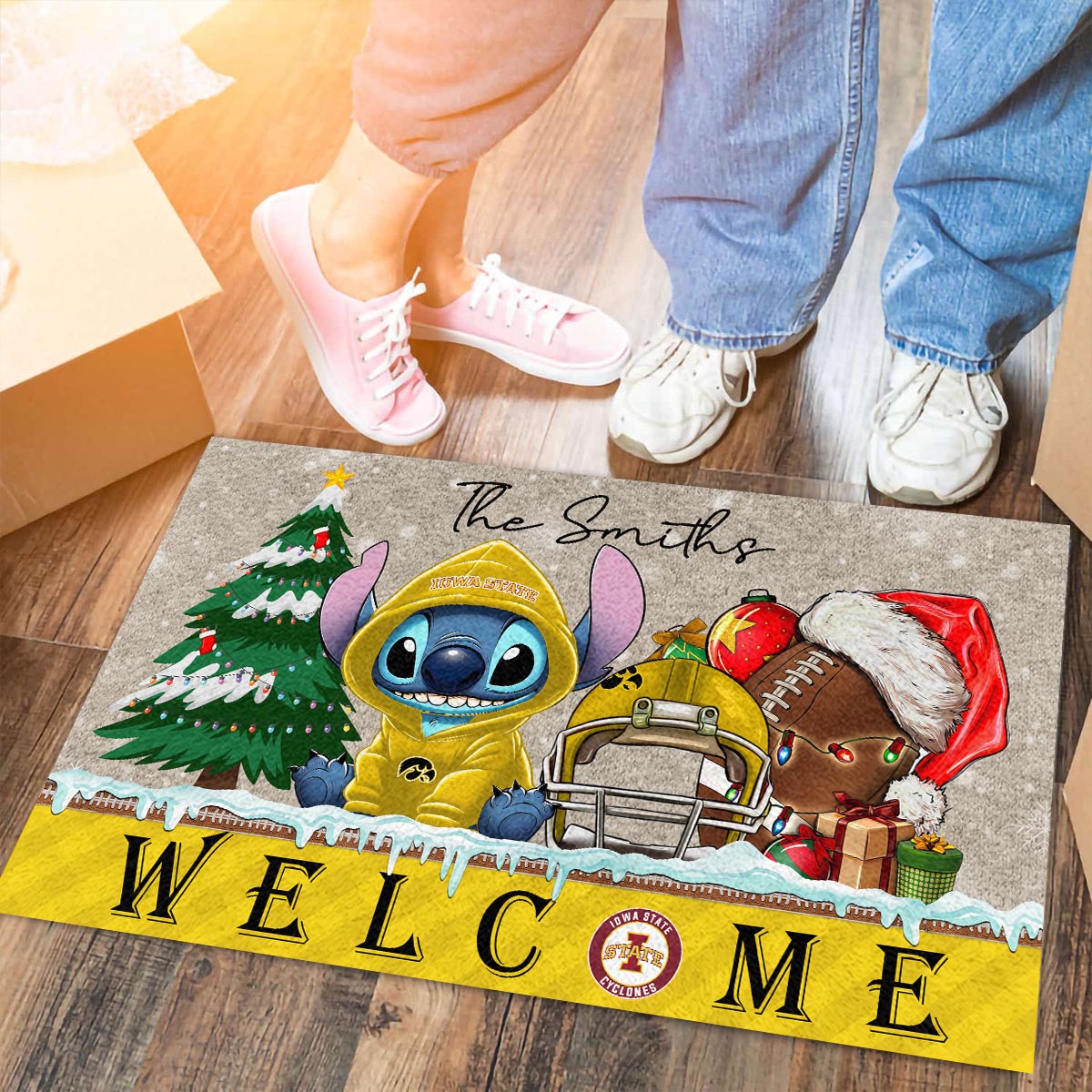 Sportswearmerch Iowa State Cyclones NCAA x Cute Stitch Christmas Doormat For Fan