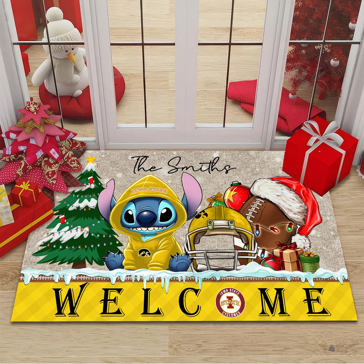Sportswearmerch Iowa State Cyclones NCAA x Cute Stitch Christmas Doormat For Fan