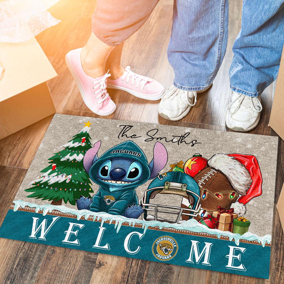 Sportswearmerch Jacksonville Jaguars NFL x Cute Stitch Christmas Doormat For Fan