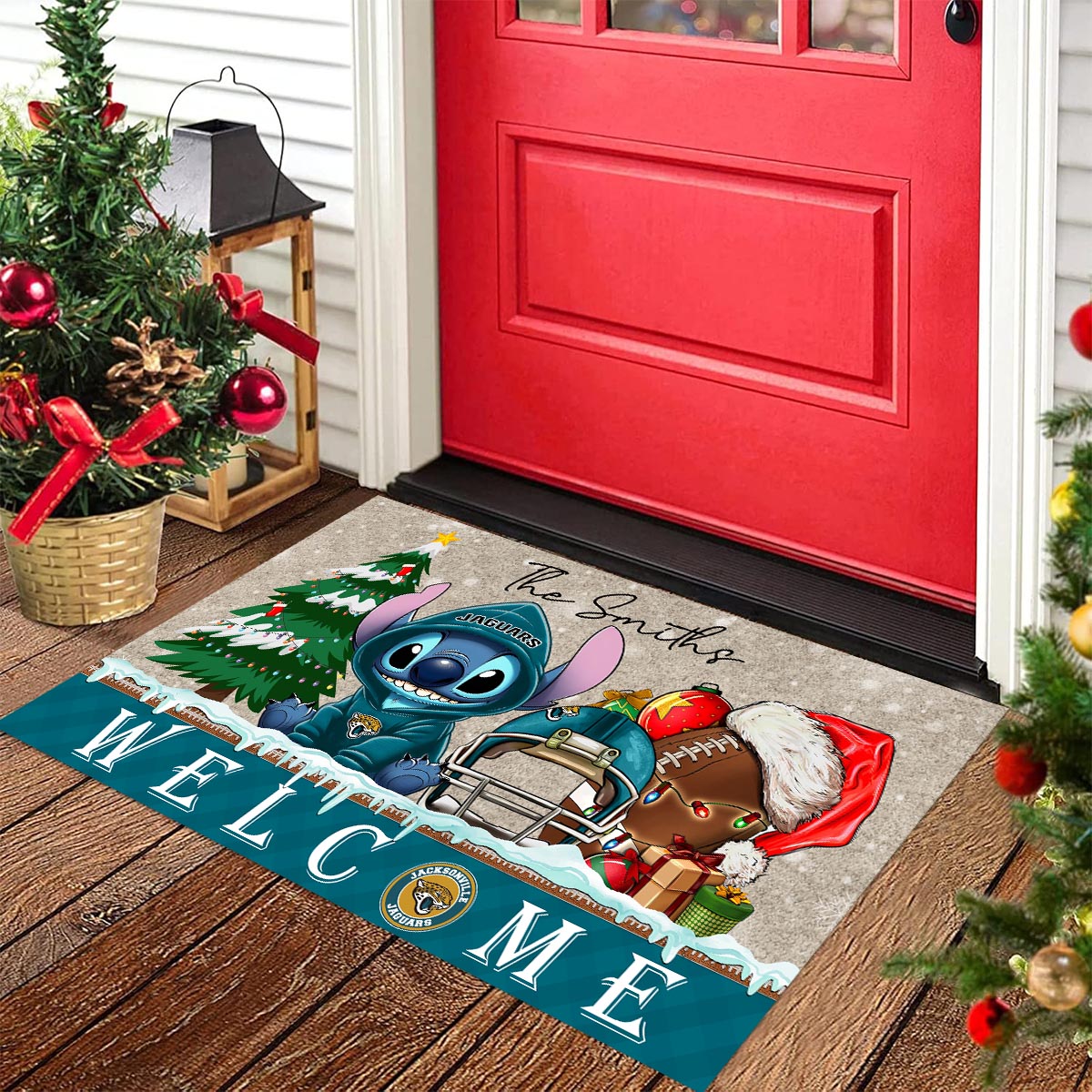 Sportswearmerch Jacksonville Jaguars NFL x Cute Stitch Christmas Doormat For Fan