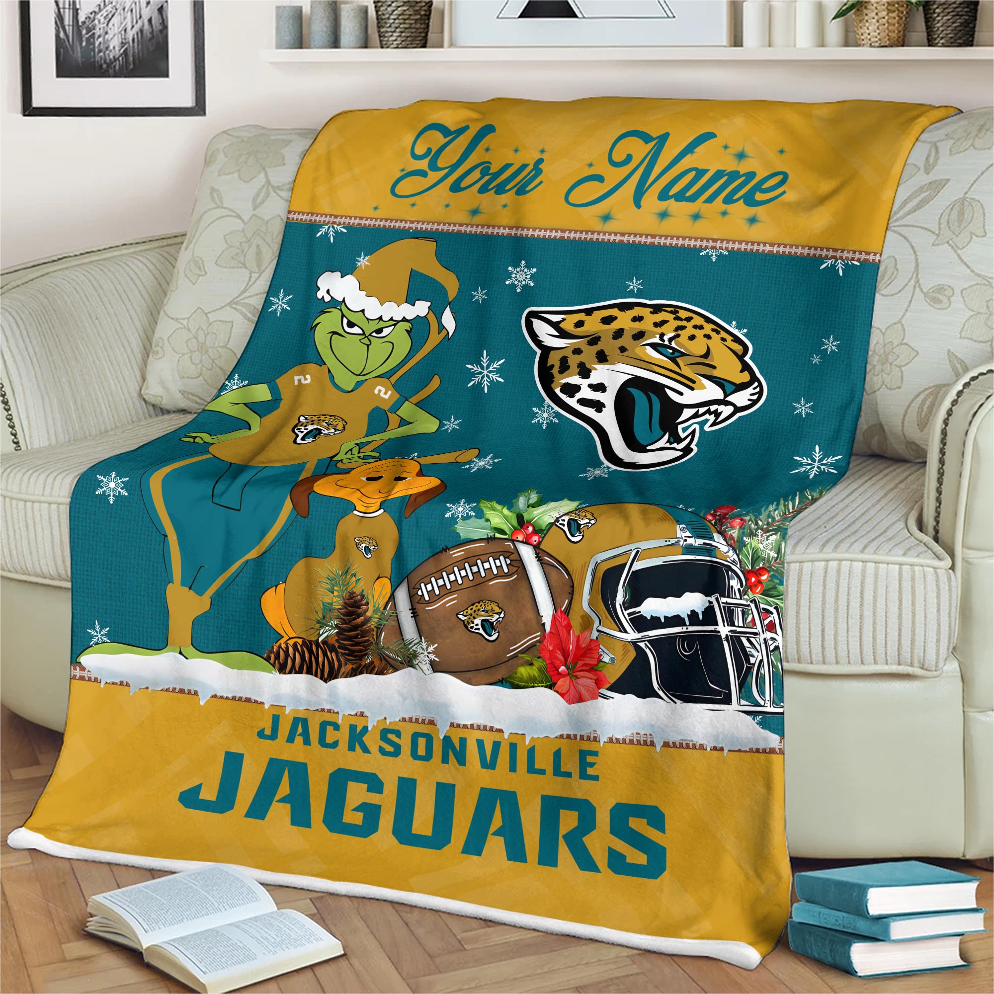 Sportswearmerch Jacksonville Jaguars NFL x Grinch Christmas Fleece Blanket For Fan