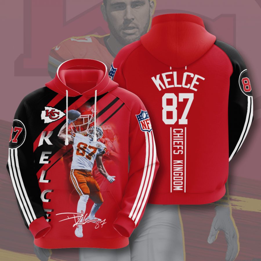 Sportswearmerch Kansas City Chiefs NFL Travis Kelce Red Black Stripes Personalized Hoodie For Fan