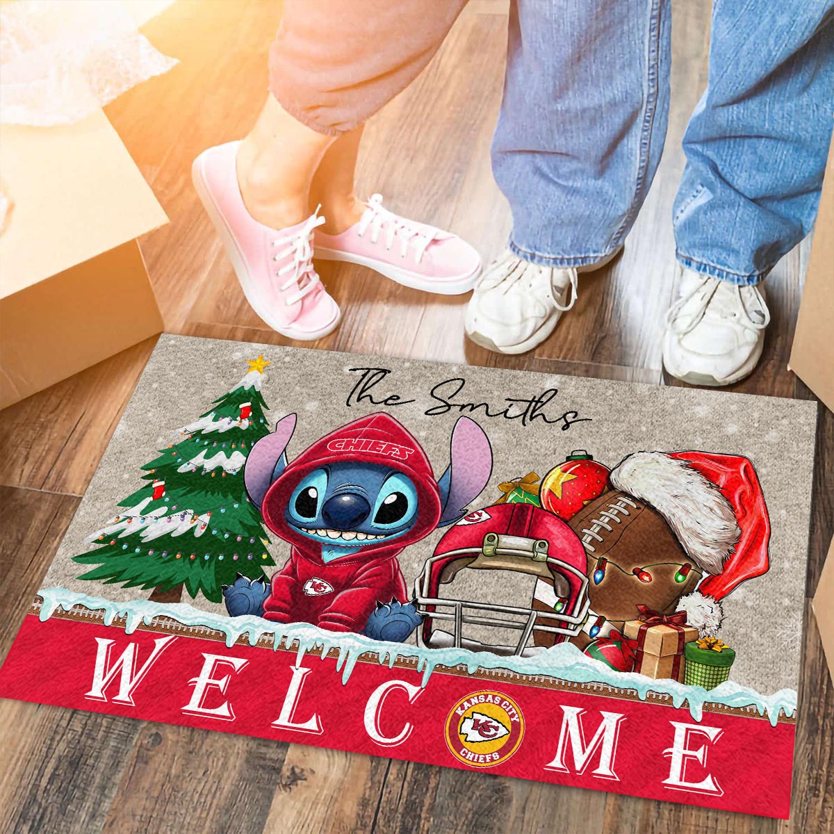 Sportswearmerch Kansas City Chiefs NFL x Cute Stitch Christmas Doormat For Fan