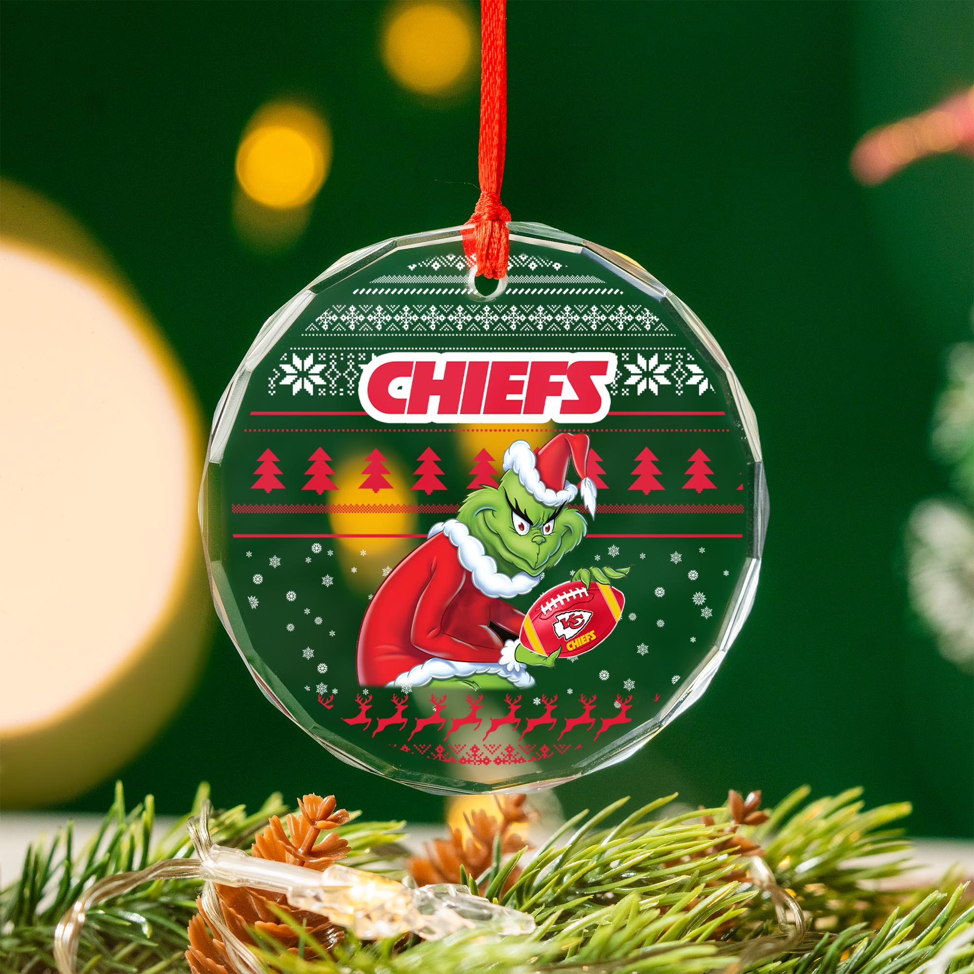 Sportswearmerch Kansas City Chiefs NFL x Grinch Christmas Glass Ornament For Fans