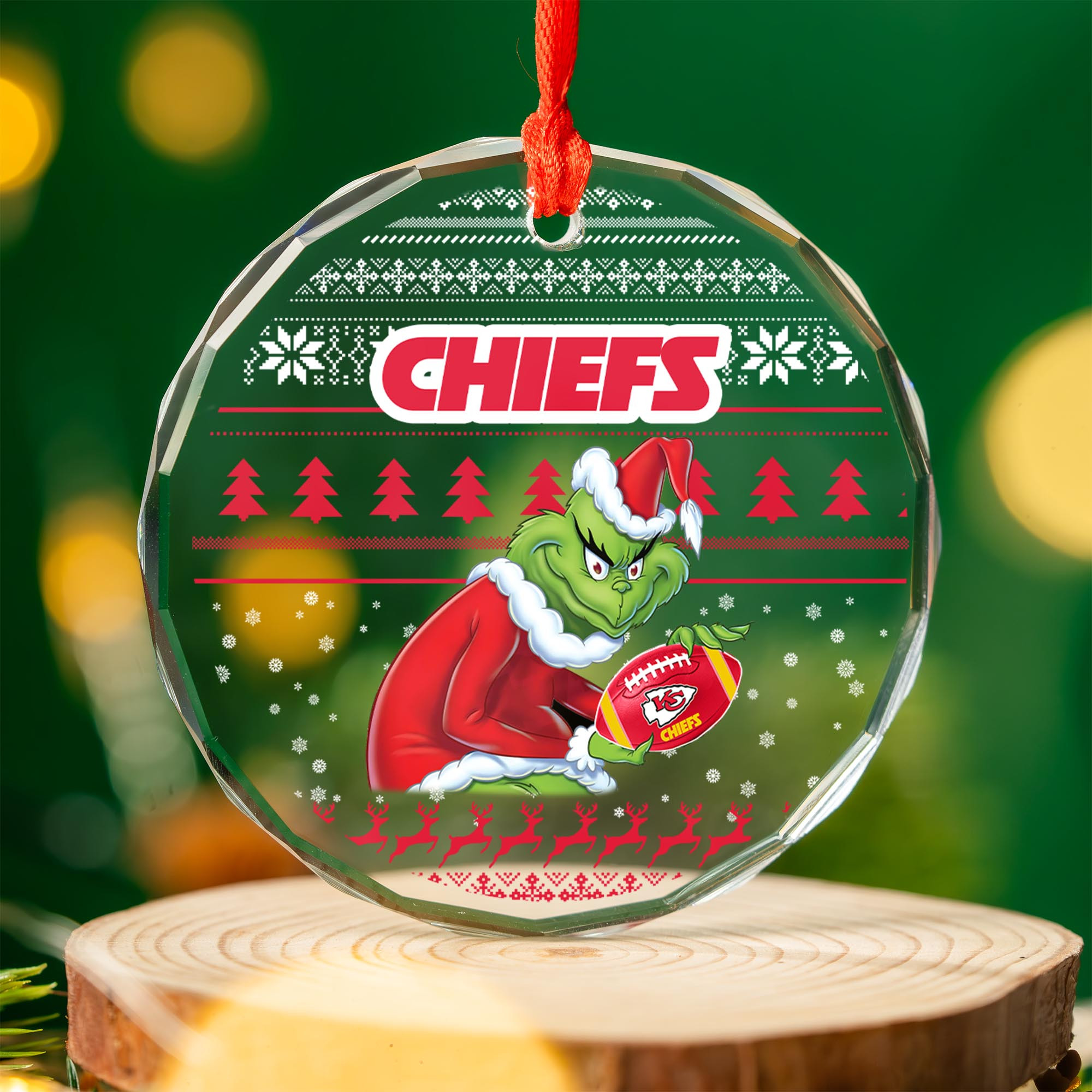 Sportswearmerch Kansas City Chiefs NFL x Grinch Christmas Glass Ornament For Fans
