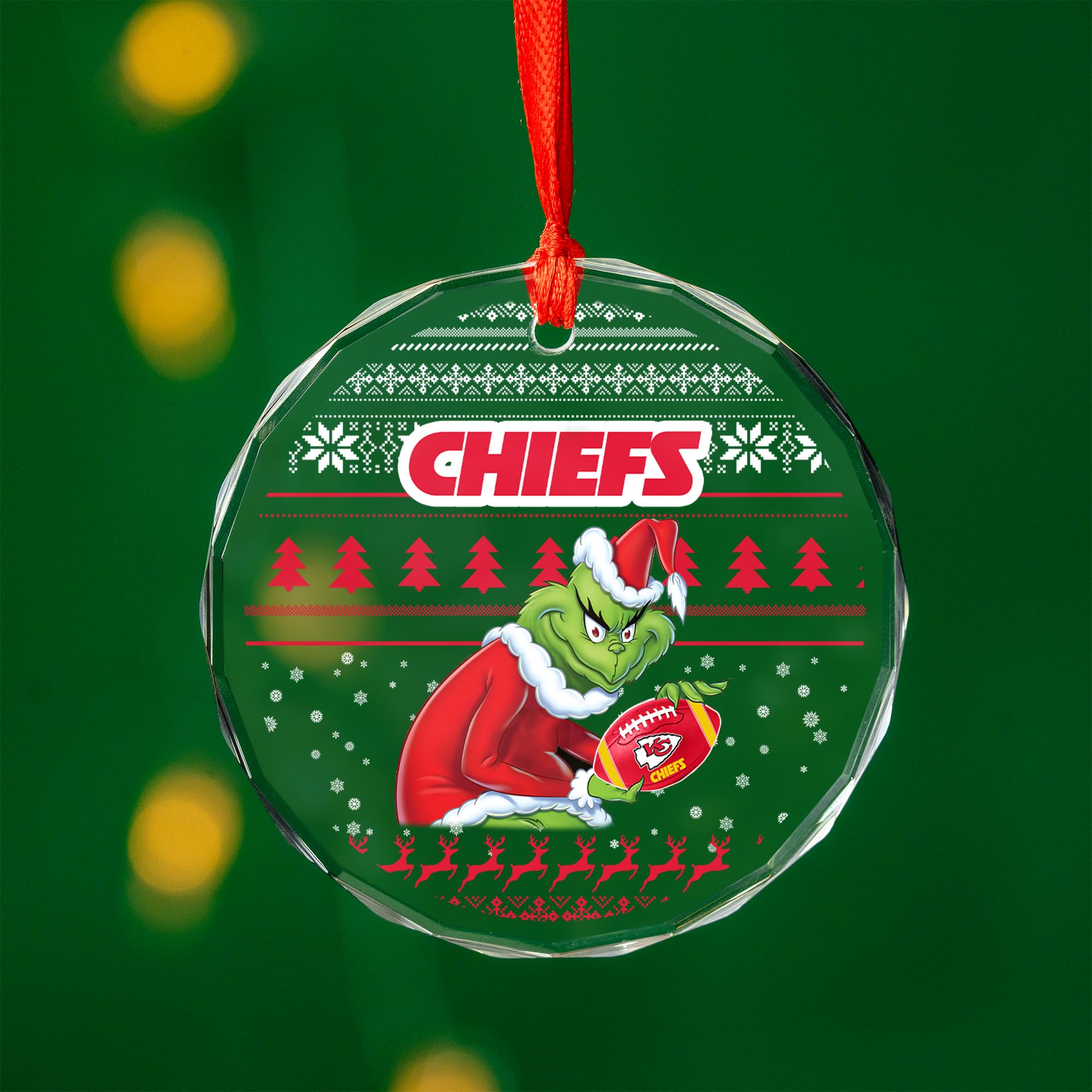Sportswearmerch Kansas City Chiefs NFL x Grinch Christmas Glass Ornament For Fans