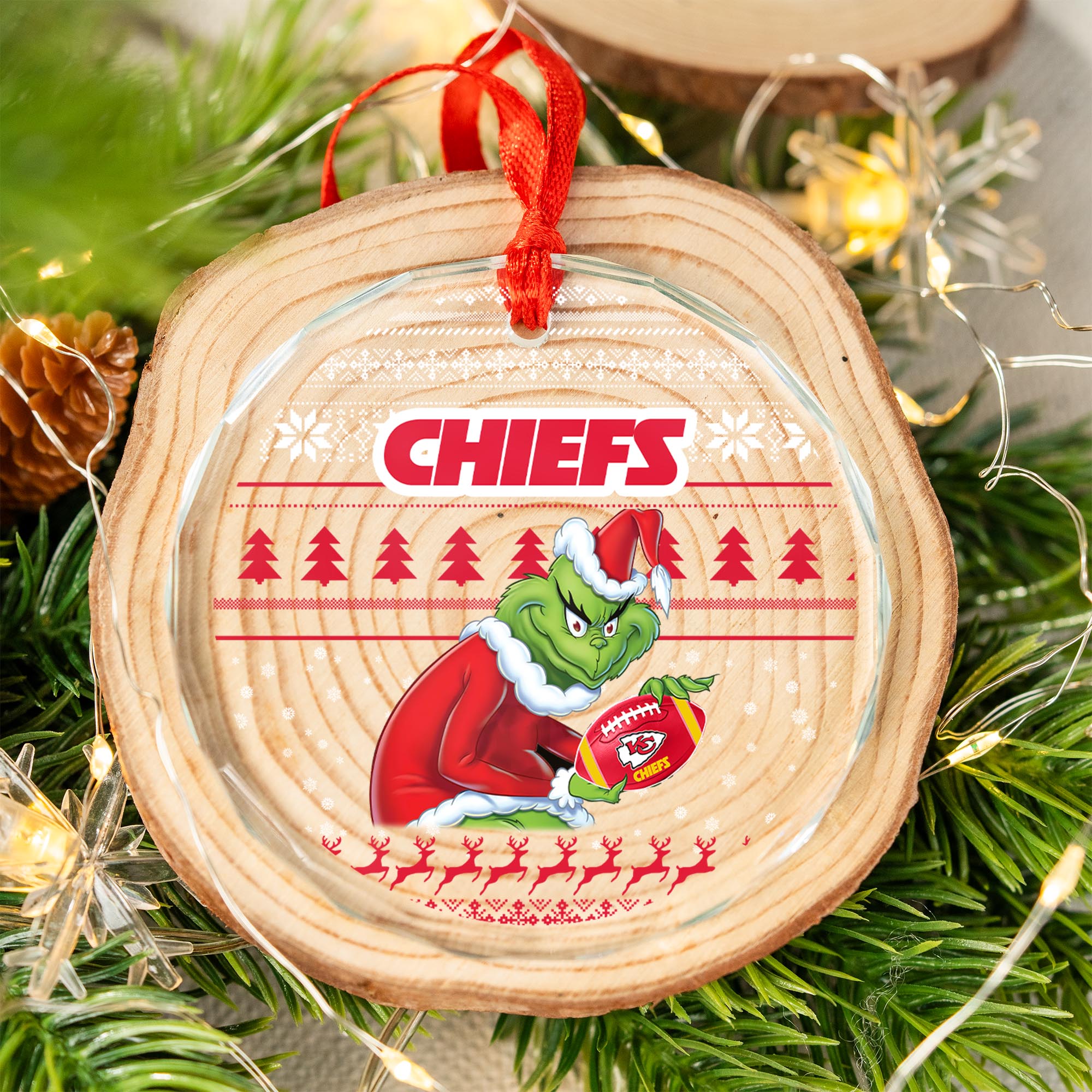 Sportswearmerch Kansas City Chiefs NFL x Grinch Christmas Glass Ornament For Fans
