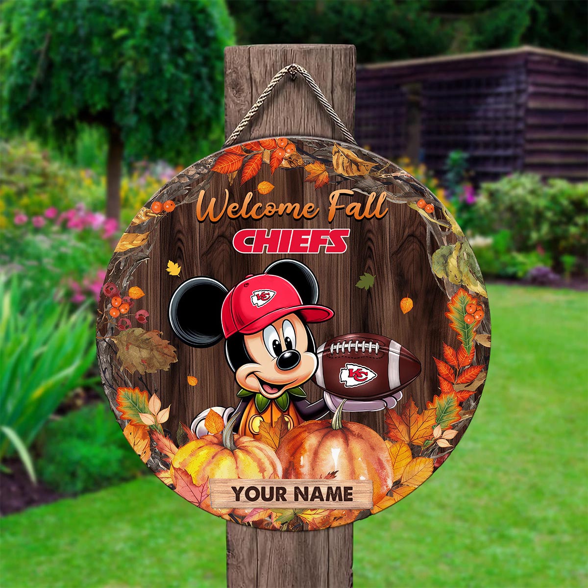Sportswearmerch Kansas City Chiefs NFL x Mickey Round Wooden Sign For Fan