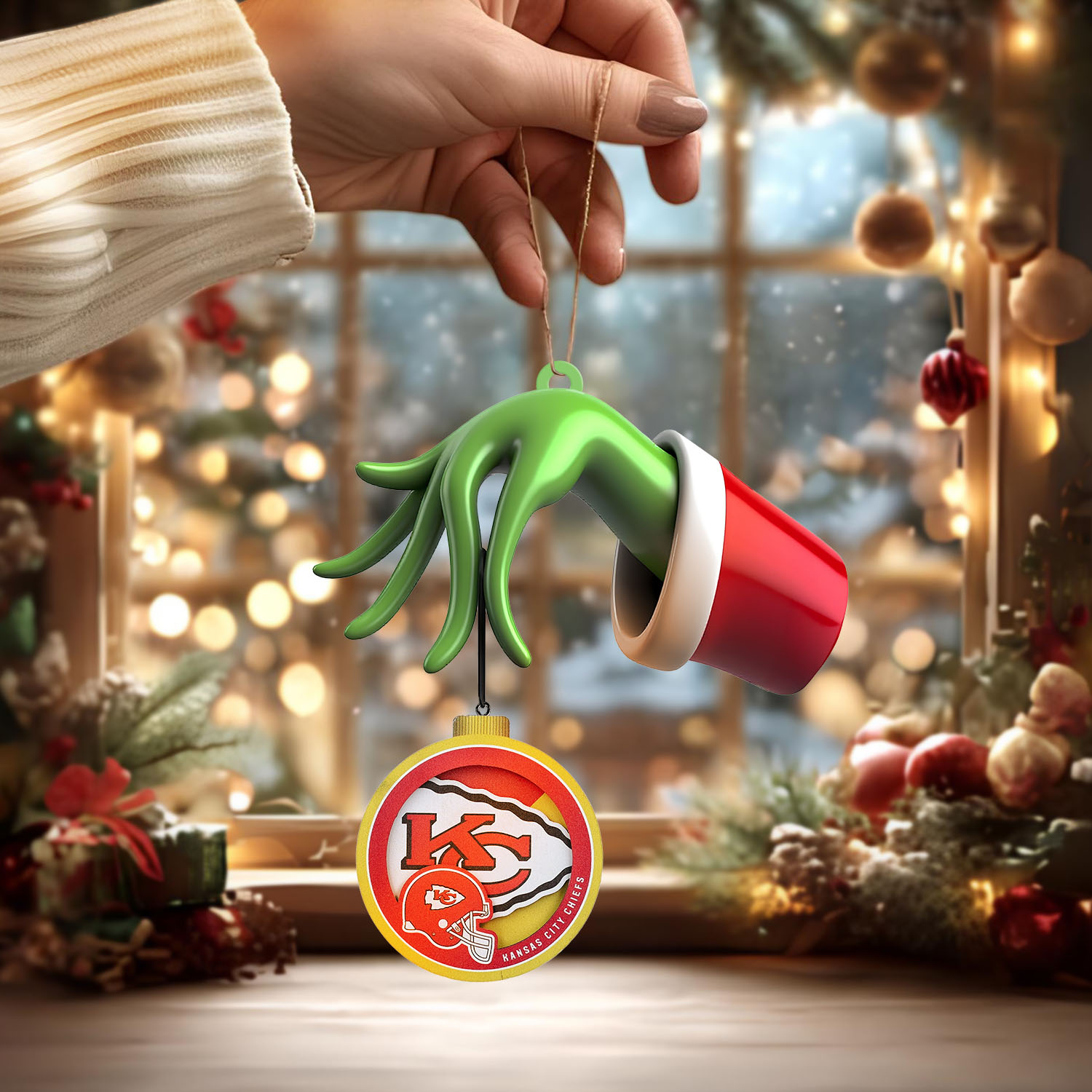 Sportswearmerch Kansas City Chiefs NFL x The Grinch Christmas Acrylic Mix Wooden Ornament Gift For Fans