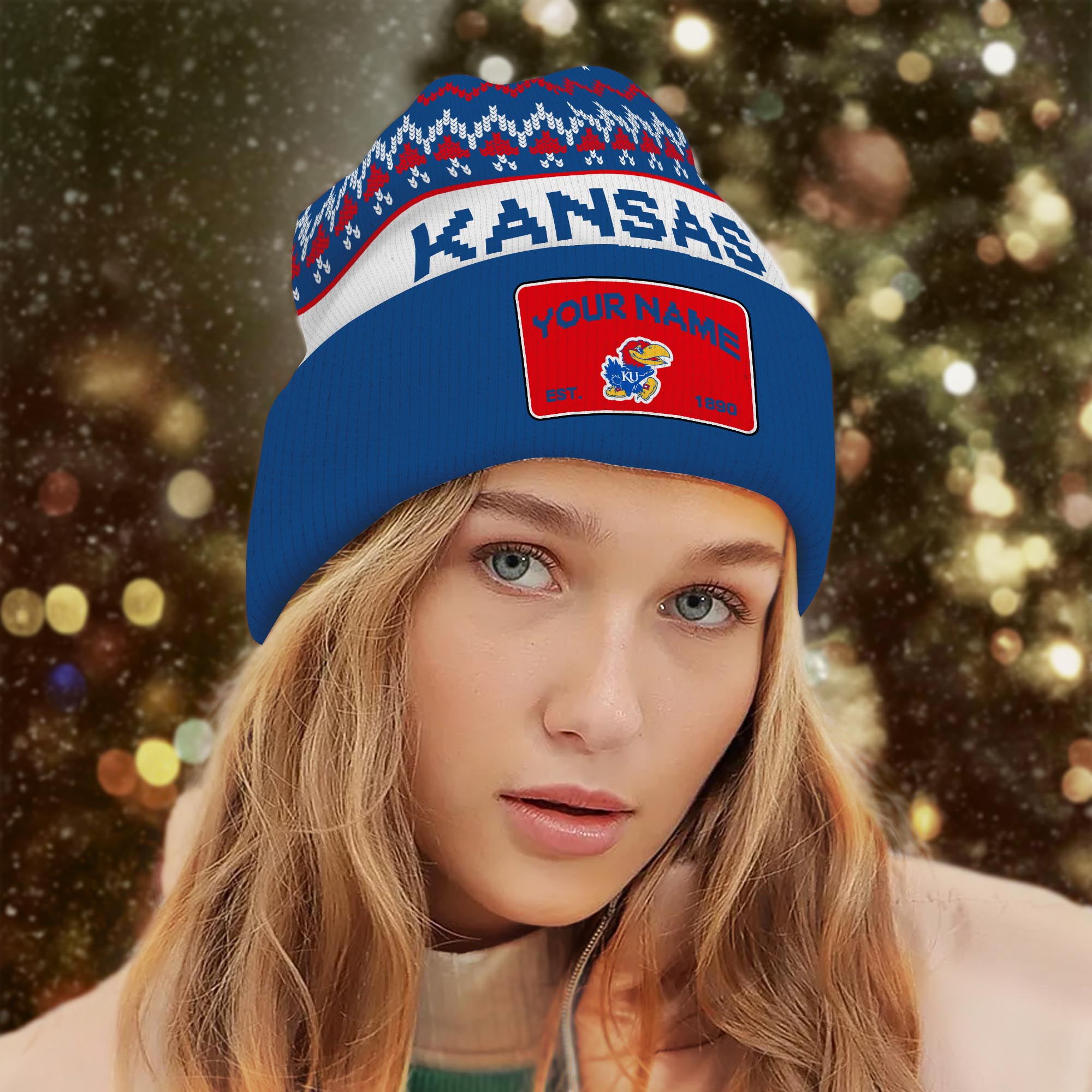 Sportswearmerch Kansas Jayhawks NCAA Christmas Beanie Hat For Fan