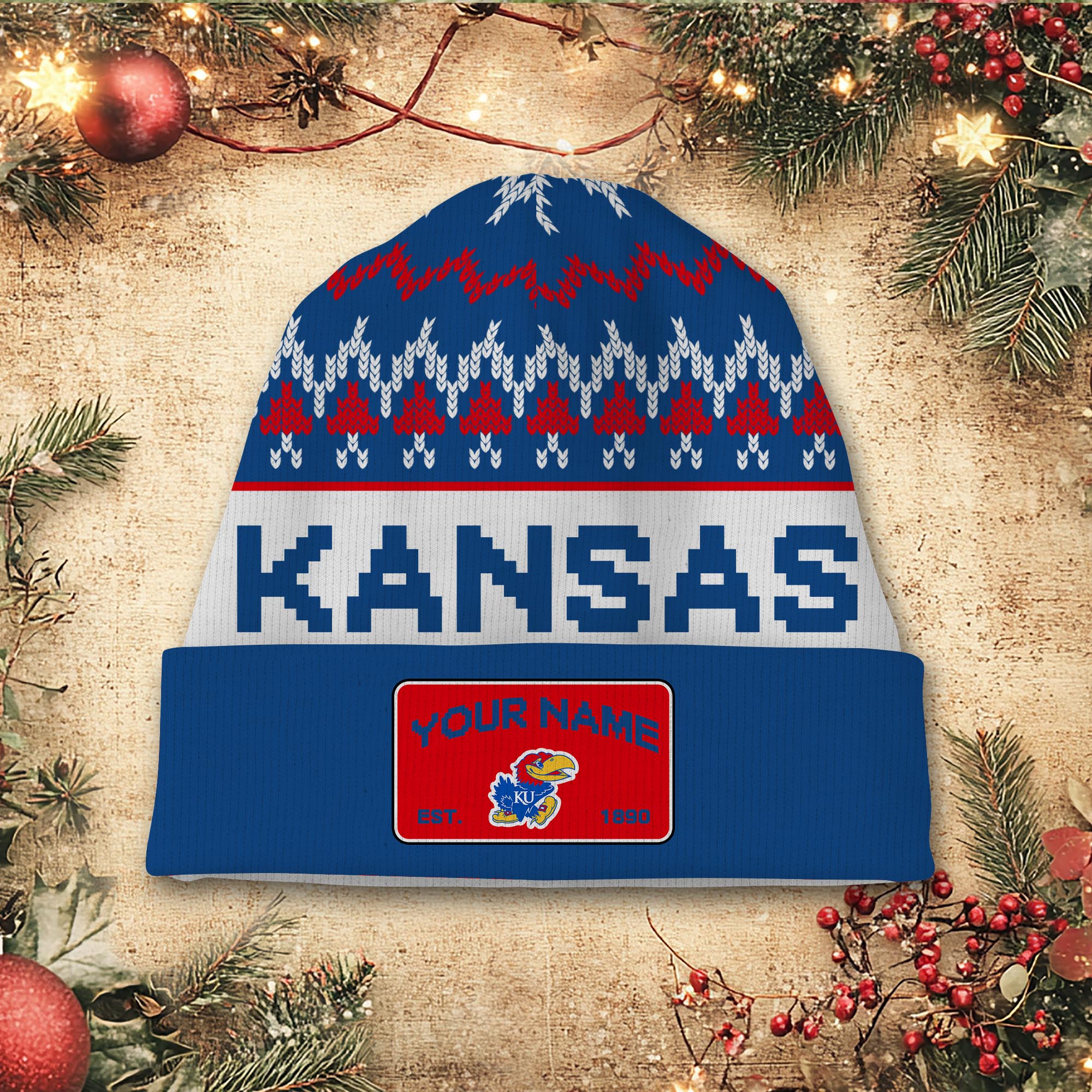 Sportswearmerch Kansas Jayhawks NCAA Christmas Beanie Hat For Fan