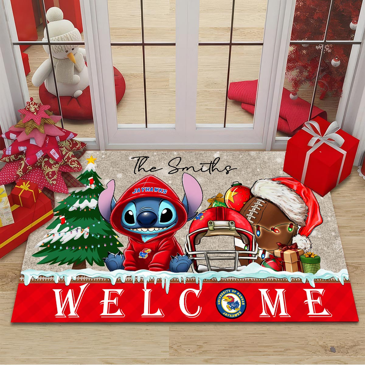 Sportswearmerch Kansas Jayhawks NCAA x Cute Stitch Christmas Doormat For Fan