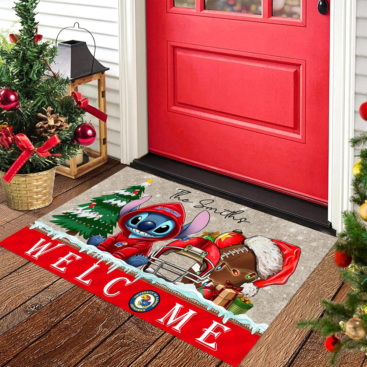 Sportswearmerch Kansas Jayhawks NCAA x Cute Stitch Christmas Doormat For Fan