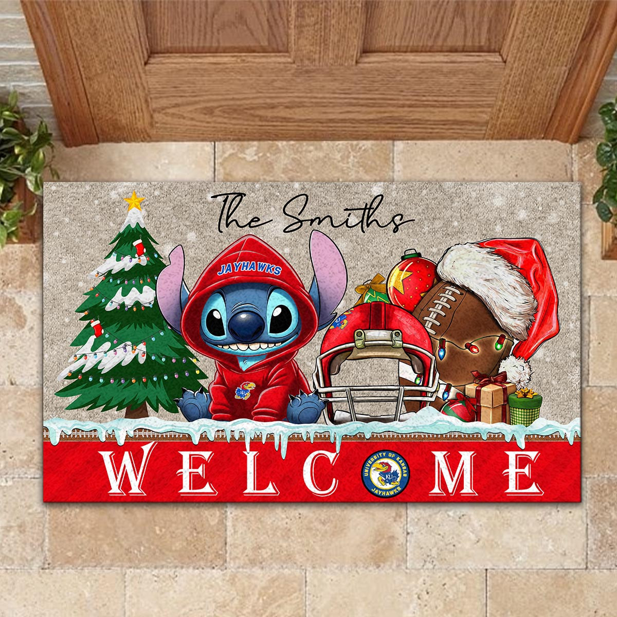 Sportswearmerch Kansas Jayhawks NCAA x Cute Stitch Christmas Doormat For Fan