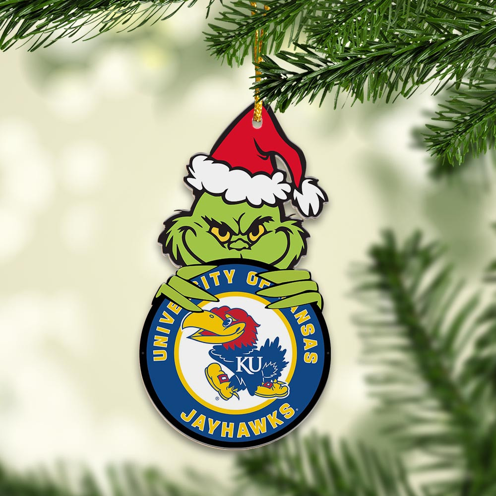 Sportswearmerch Kansas Jayhawks NCAA x Grinch Christmas Acrylic Ornament For Fans