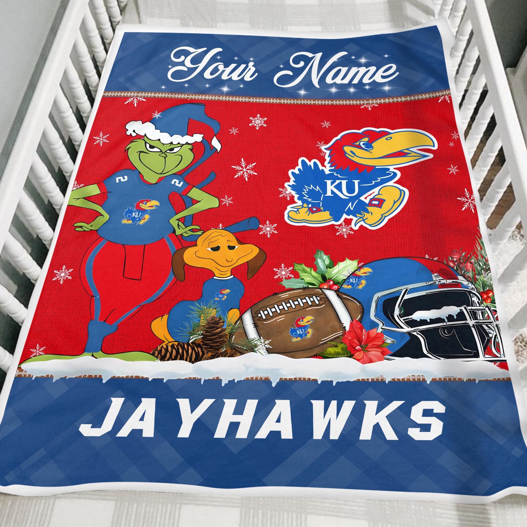 Sportswearmerch Kansas Jayhawks NCAA x Grinch Christmas Fleece Blanket For Fan