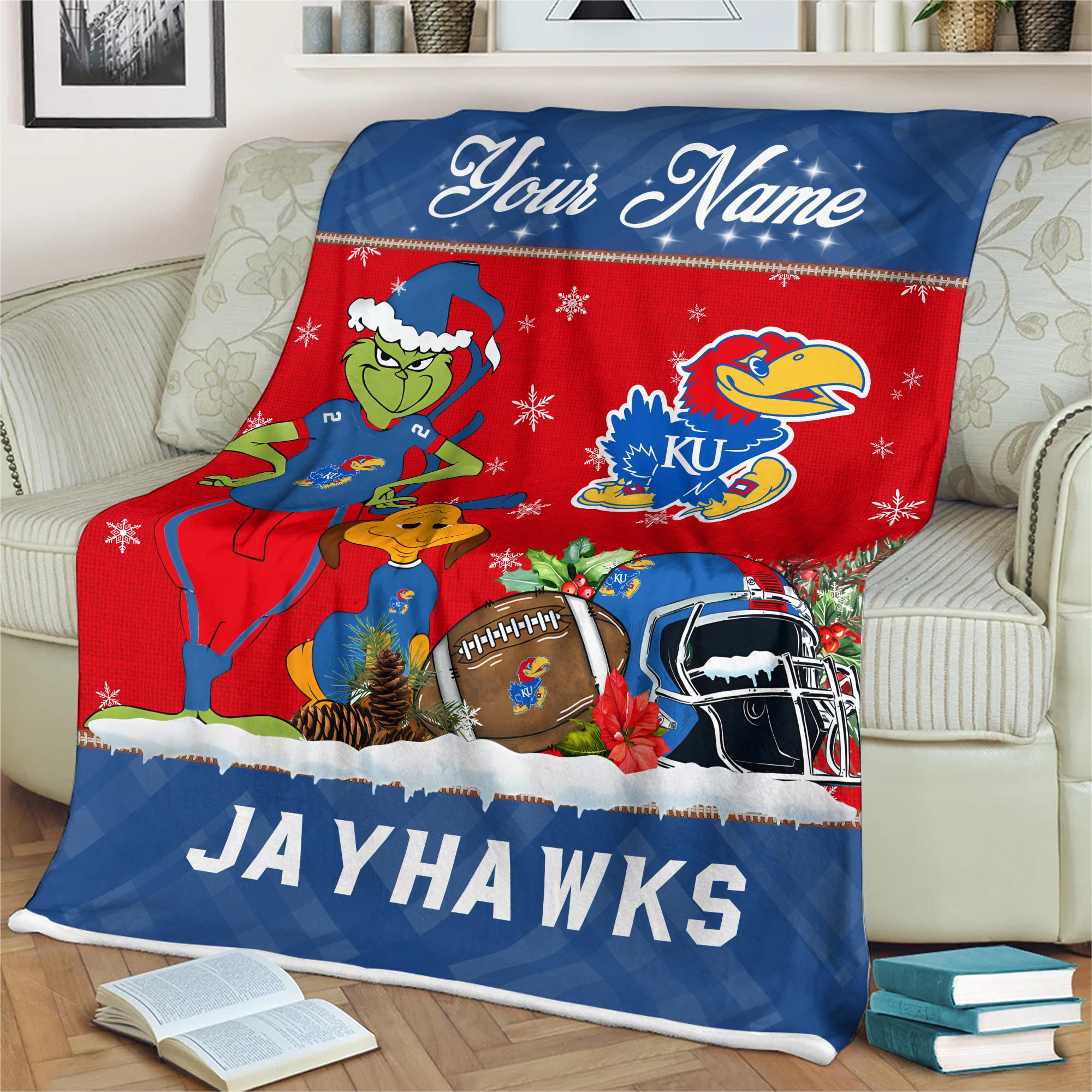 Sportswearmerch Kansas Jayhawks NCAA x Grinch Christmas Fleece Blanket For Fan