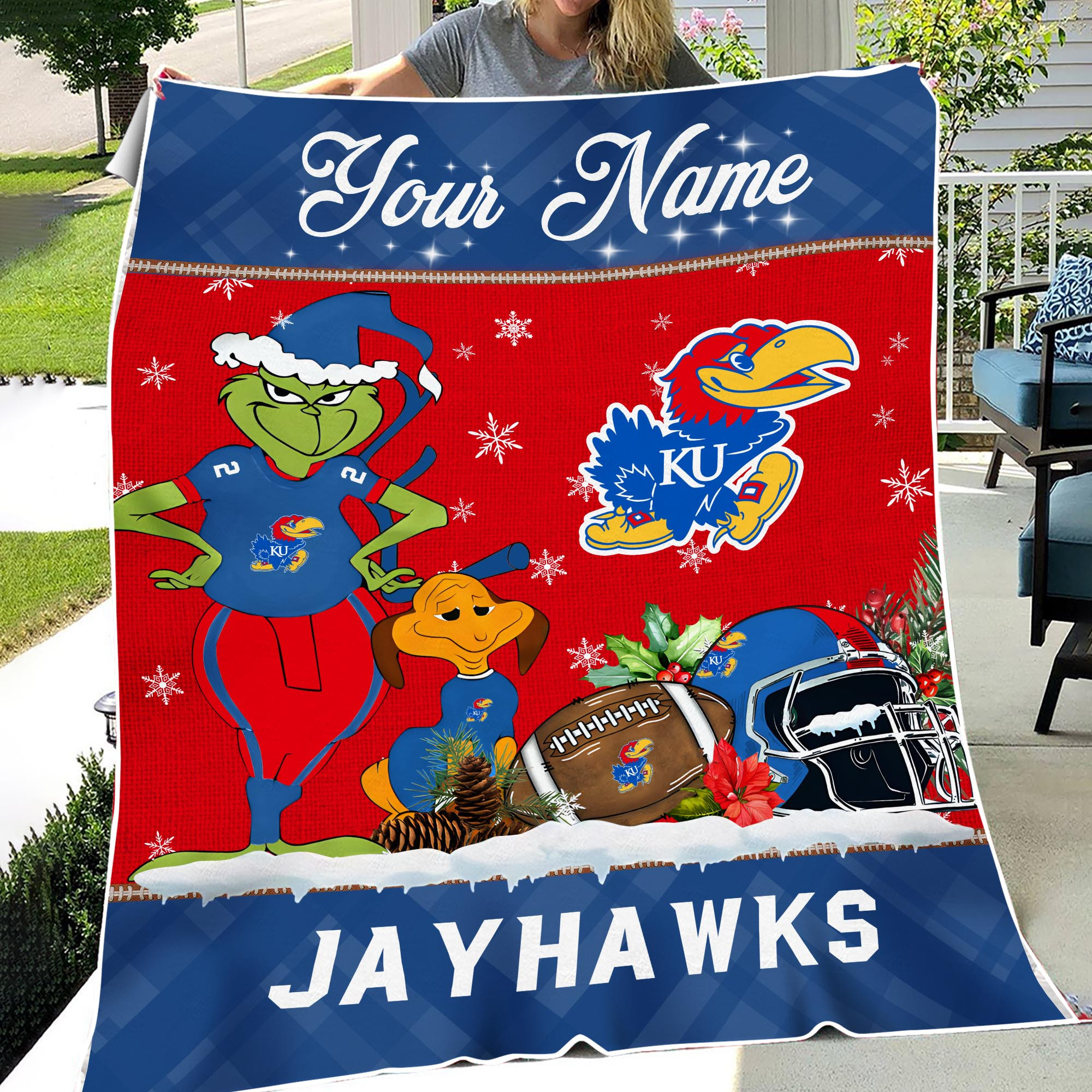 Sportswearmerch Kansas Jayhawks NCAA x Grinch Christmas Fleece Blanket For Fan
