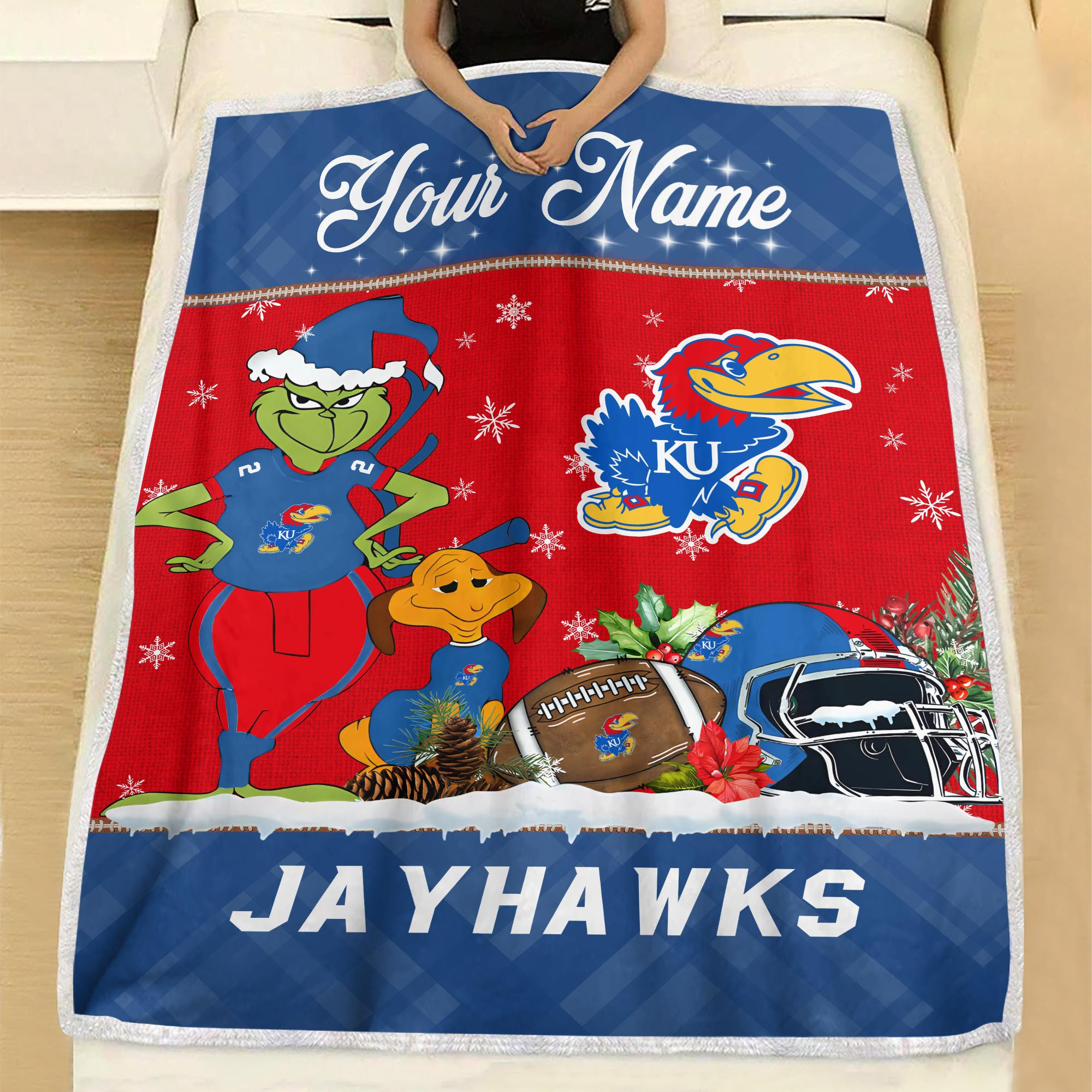 Sportswearmerch Kansas Jayhawks NCAA x Grinch Christmas Fleece Blanket For Fan
