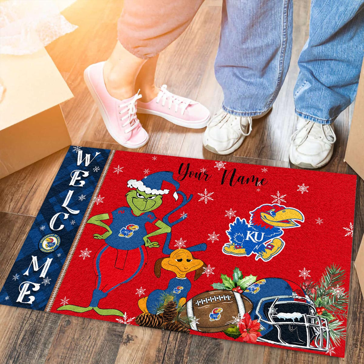 Sportswearmerch Kansas Jayhawks NCAA x Grinch Christmas Welcome Football Doormat For Fan
