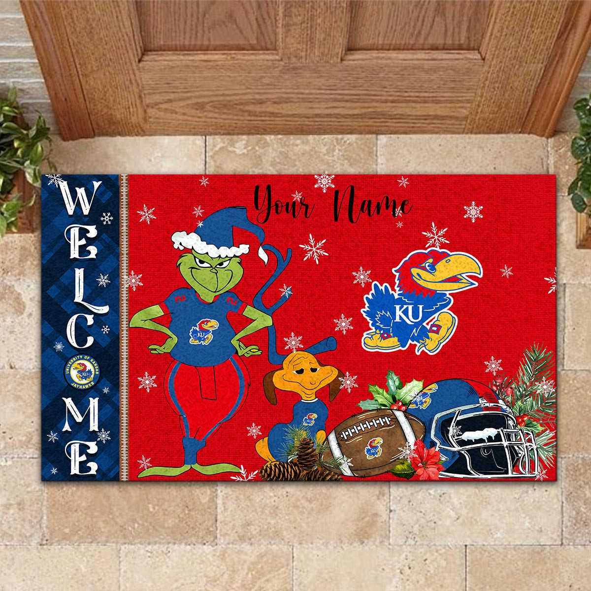 Sportswearmerch Kansas Jayhawks NCAA x Grinch Christmas Welcome Football Doormat For Fan