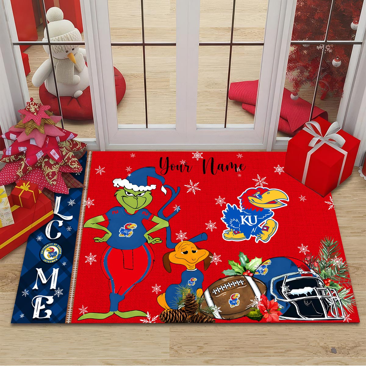 Sportswearmerch Kansas Jayhawks NCAA x Grinch Christmas Welcome Football Doormat For Fan