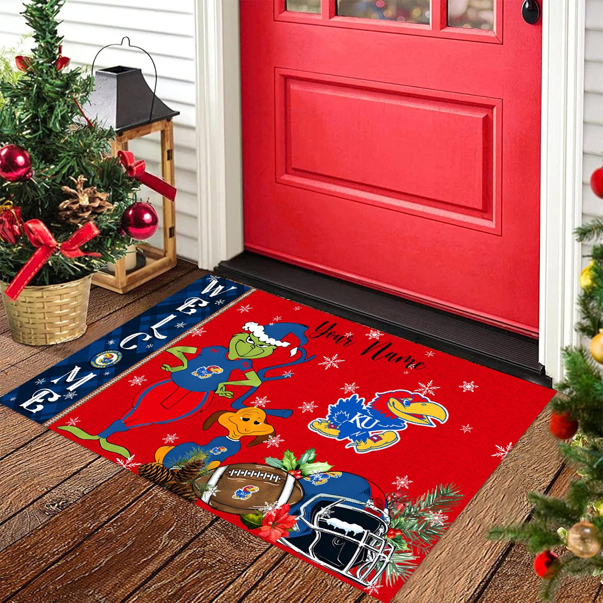Sportswearmerch Kansas Jayhawks NCAA x Grinch Christmas Welcome Football Doormat For Fan